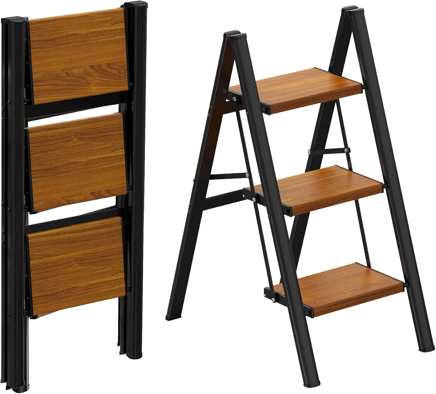 HBTower Step Ladder,Lightweight Aluminum Folding Step Stool with Anti-Slip Wide Pedal,330lbs Capacity Step Ladder for Household,Kitchen,Office - BlackWoodgrain 3 Step Black&woodgrain