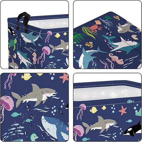 Miniatura 5 de Clastyle Cesta de almacenamiento de animales marinos para habitación de niños, ballena de tiburón, impermeable, rectangular, color azul, 36 L