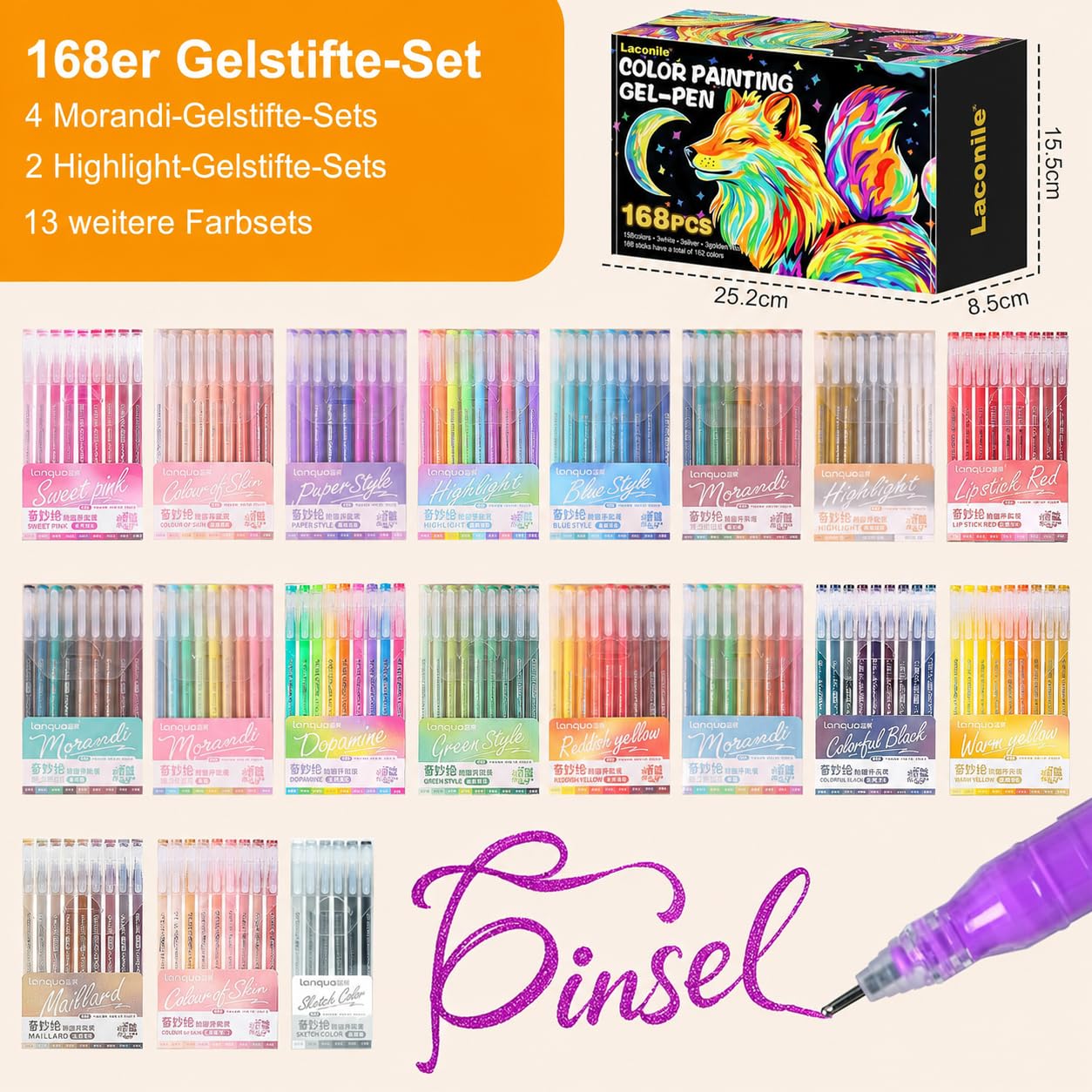 Laconile 168 Gelstifte Set für Erwachsene, 162 Farben Gelschreiber für Malbücher Journaling und Zeichnen, Morandi Pastell und Metallic Farben inklusive, Premium Kreativ Geschenkset