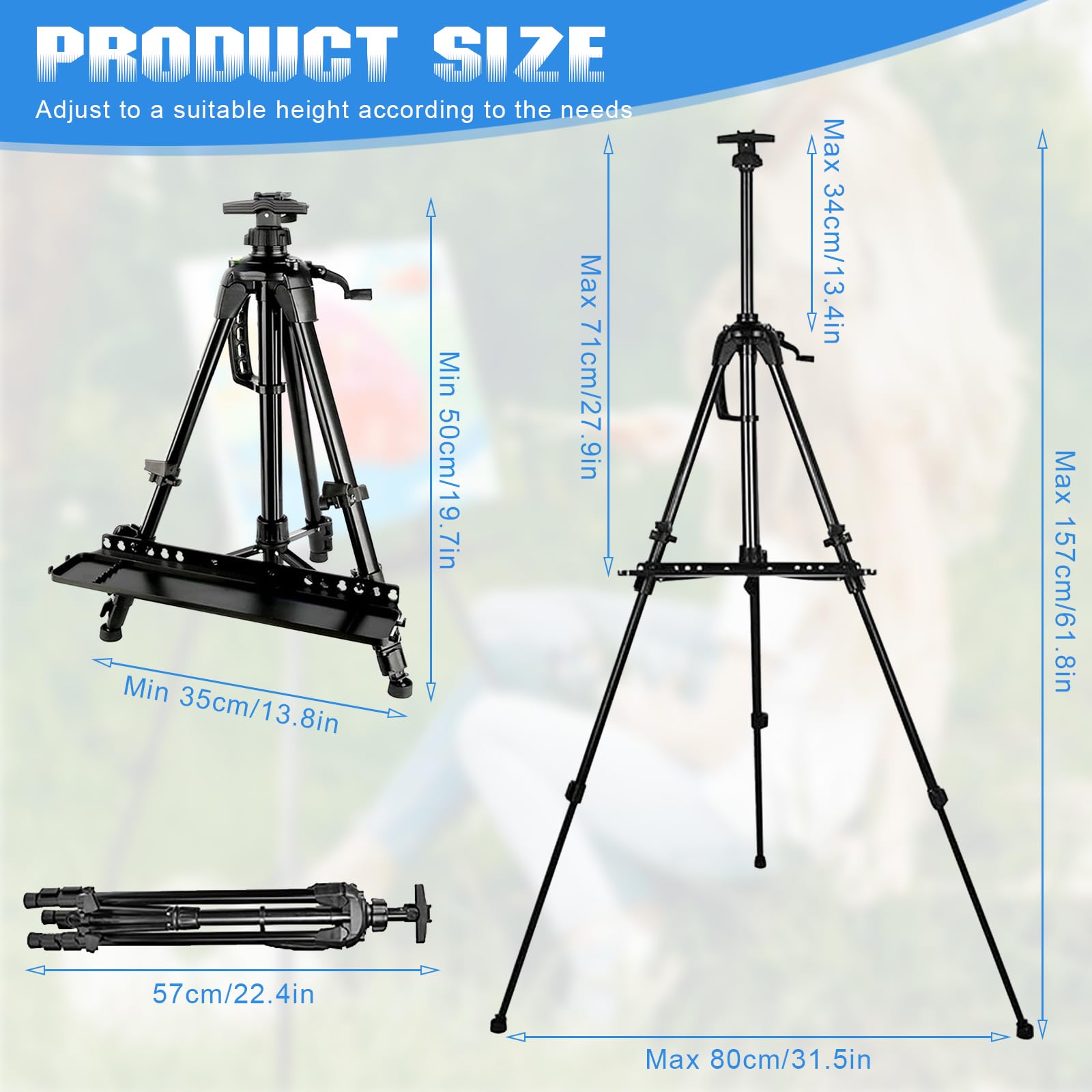 Caballete grande L 50-157 cm, caballete para pintar, caballete de artistas, caballete de atletismo, caballete plegable con bolsa portátil/bandeja de color, caballete de mesa y suelo para dibujar