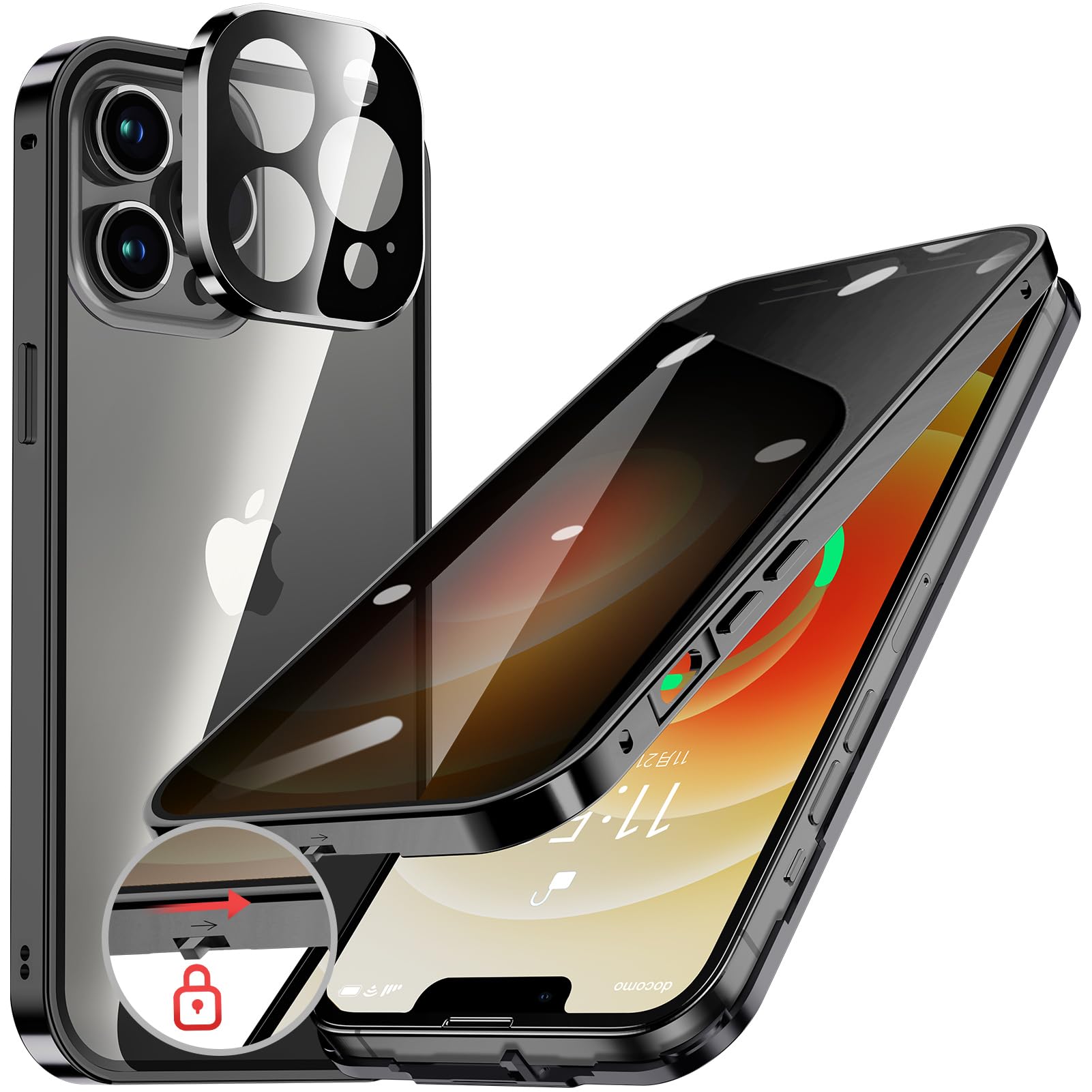 HGUTREY【覗き見防止・自動ポップアップボタン】iPhone12 Pro Max 用 ケース【ロック付き】ストラップホール付き (ブラック)