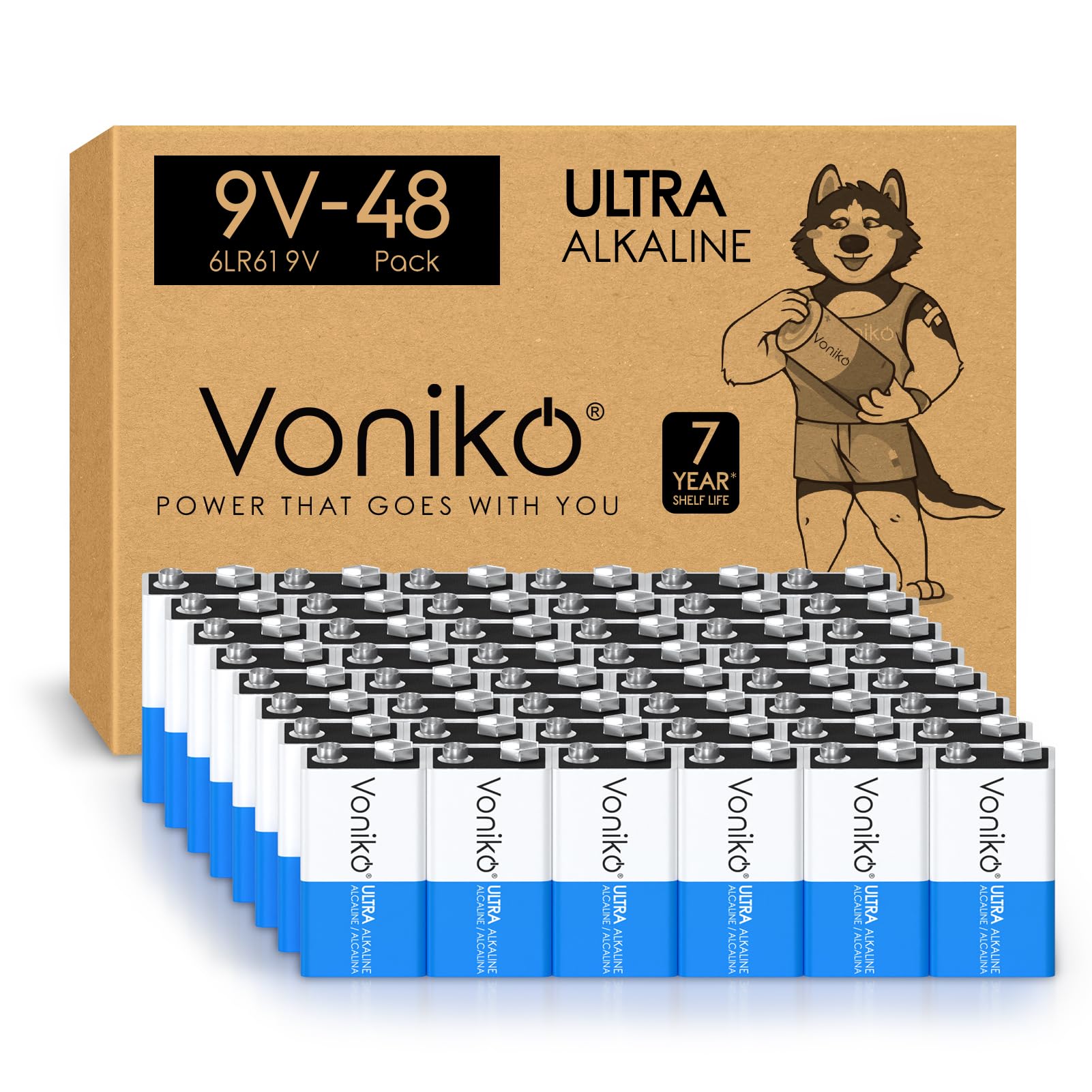 Voniko Pilas alcalinas de 9 V, paquete de 48 unidades, ultra larga duración con una vida útil de 7 años