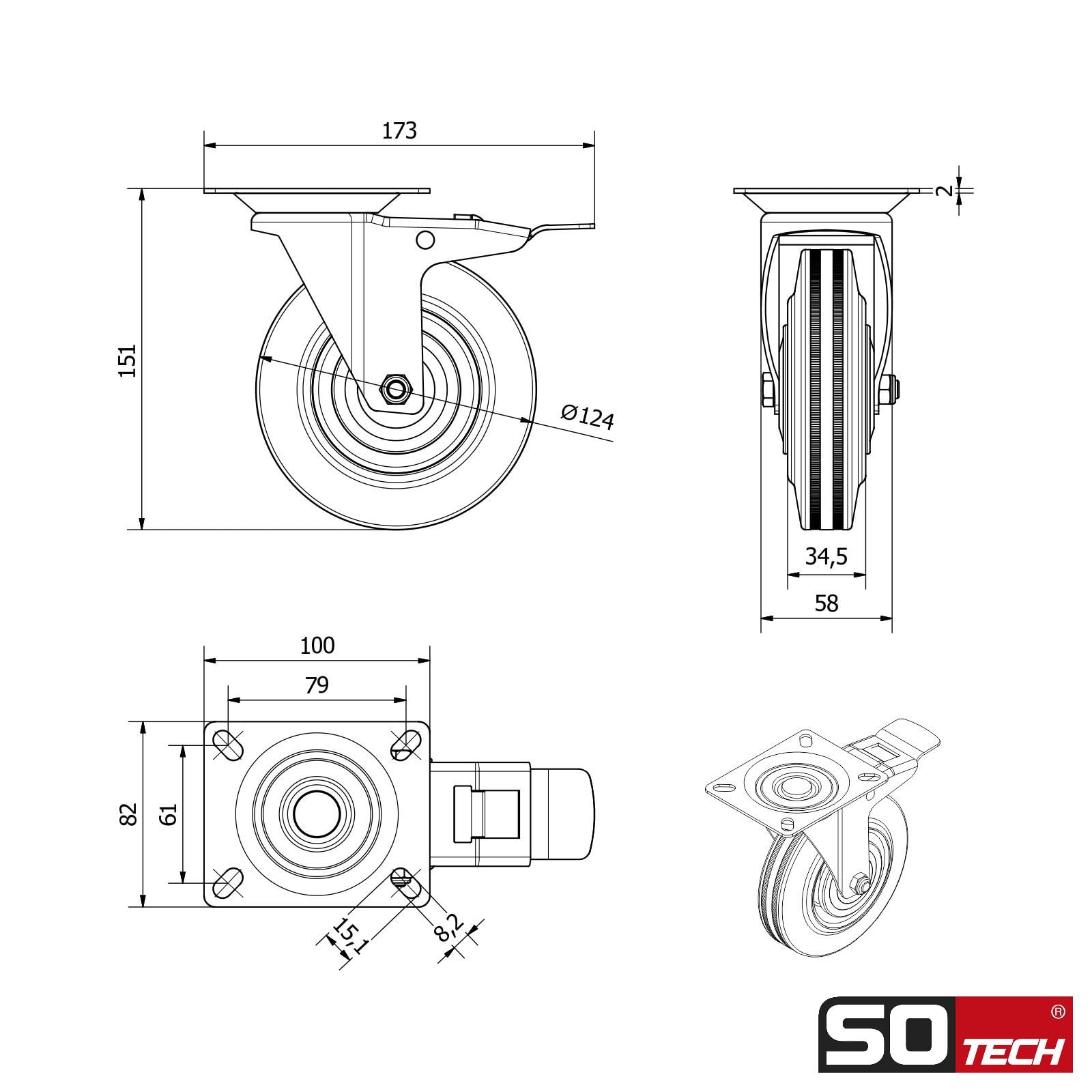SOTECH 4 piezas Ruedas de transporte RED Ø 125 mm (2x ruedas giratorias, 2x ruedas giratorias con freno) Altura 151 mm Placa atornillada 100 x 82 mm Capacidad de carga 440 Kg