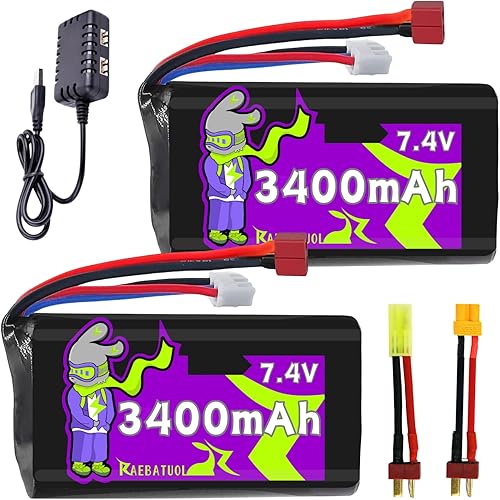 Batería de iones de litio 2S 7.4V 3400mAh con enchufe T estilo Dean, capacidad recargable, para la mayoría de coches y camiones RC a escala 110,