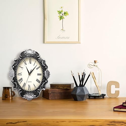 Miniatura 5 de Paquete de 2 relojes de pared retro, reloj de pared ovalado vintage de 14 pulgadas sin tictac para pared, movimiento de cuarzo a pilas, reloj de