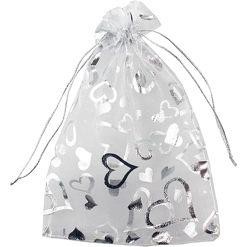 QIANHAILIZZ 5 x 7 Inch 100 Heart Organza Jewelry Gift Pouch Candy Pouch Flower Drawstring Wedding Favor Bags (White White Heart)