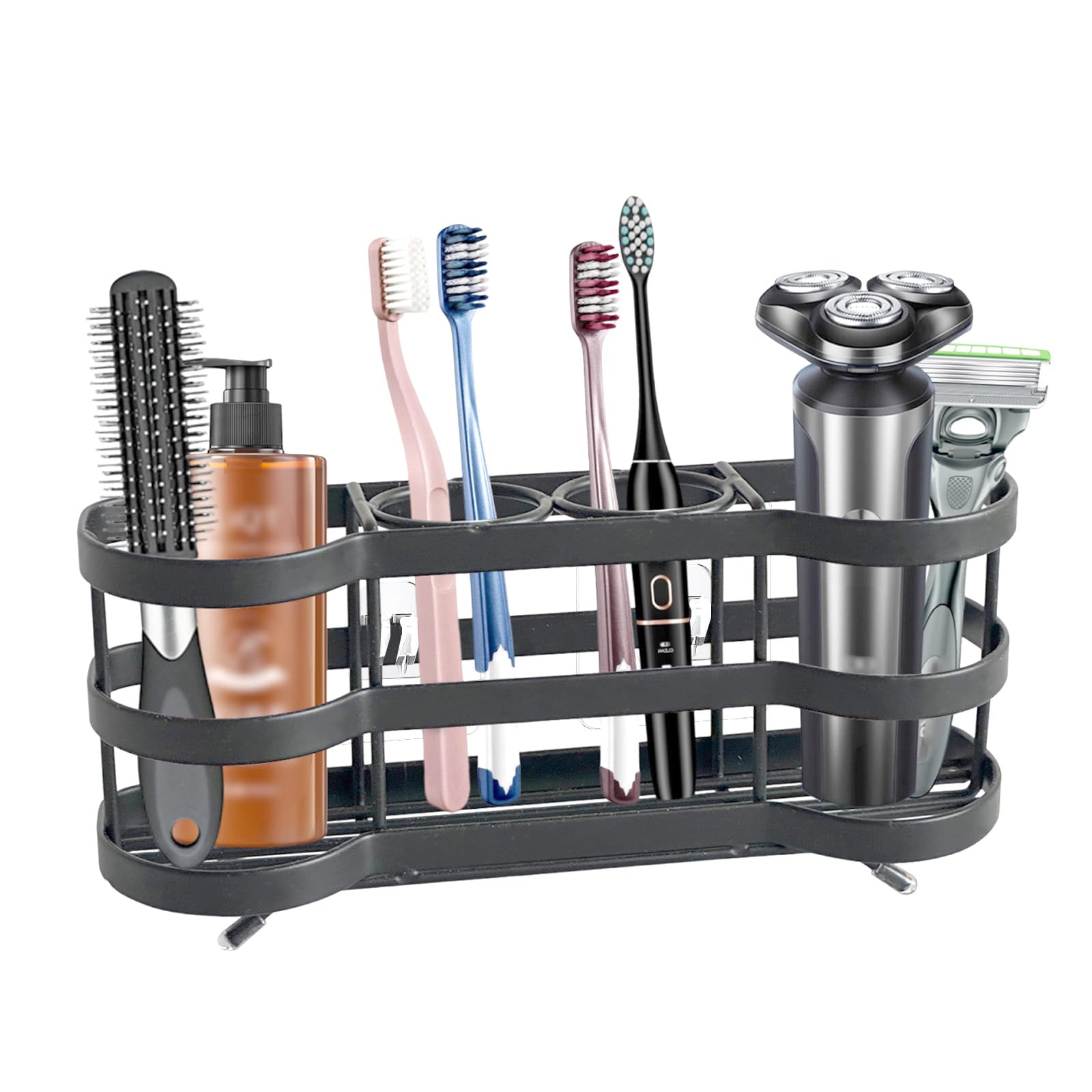 Photo 1 of Wall Mount Toothbrush Holder for Shower Stainless Steel Toothbrush Stand, Self-Adhesive Wallmount/Countertop 4 Slots Bathroom Accessories Organizer (Black 1)