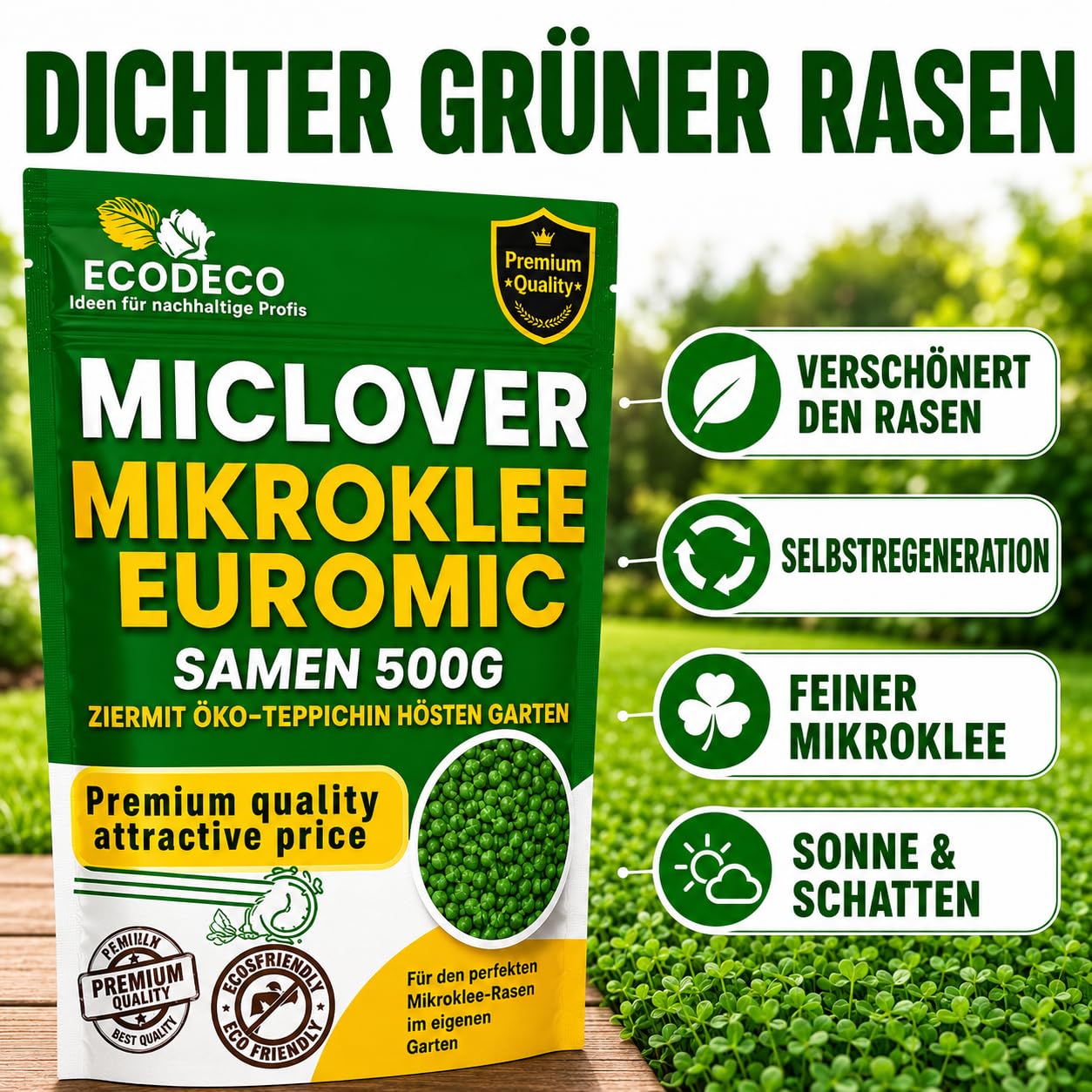 Semillas Cesped Trébol Enano 1kg (400m² Puro o 800m² con Césped) – Blanco Micro Trébol Tapizante Resistente para un Jardín Verde y Uniforme – Alternativa a Césped Natural