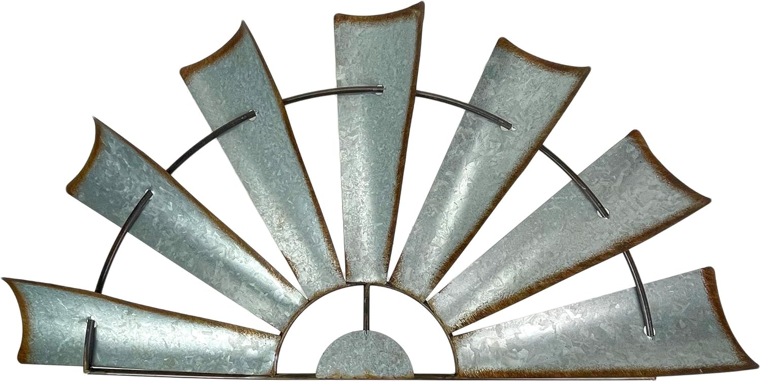 Zeckos Galvanized Grey Metal Half-Windmill Wall Sculpture - Large 35-Inch Rustic Art Piece - Easy Installation - Perfect for Country Farmhouse Themed Decor