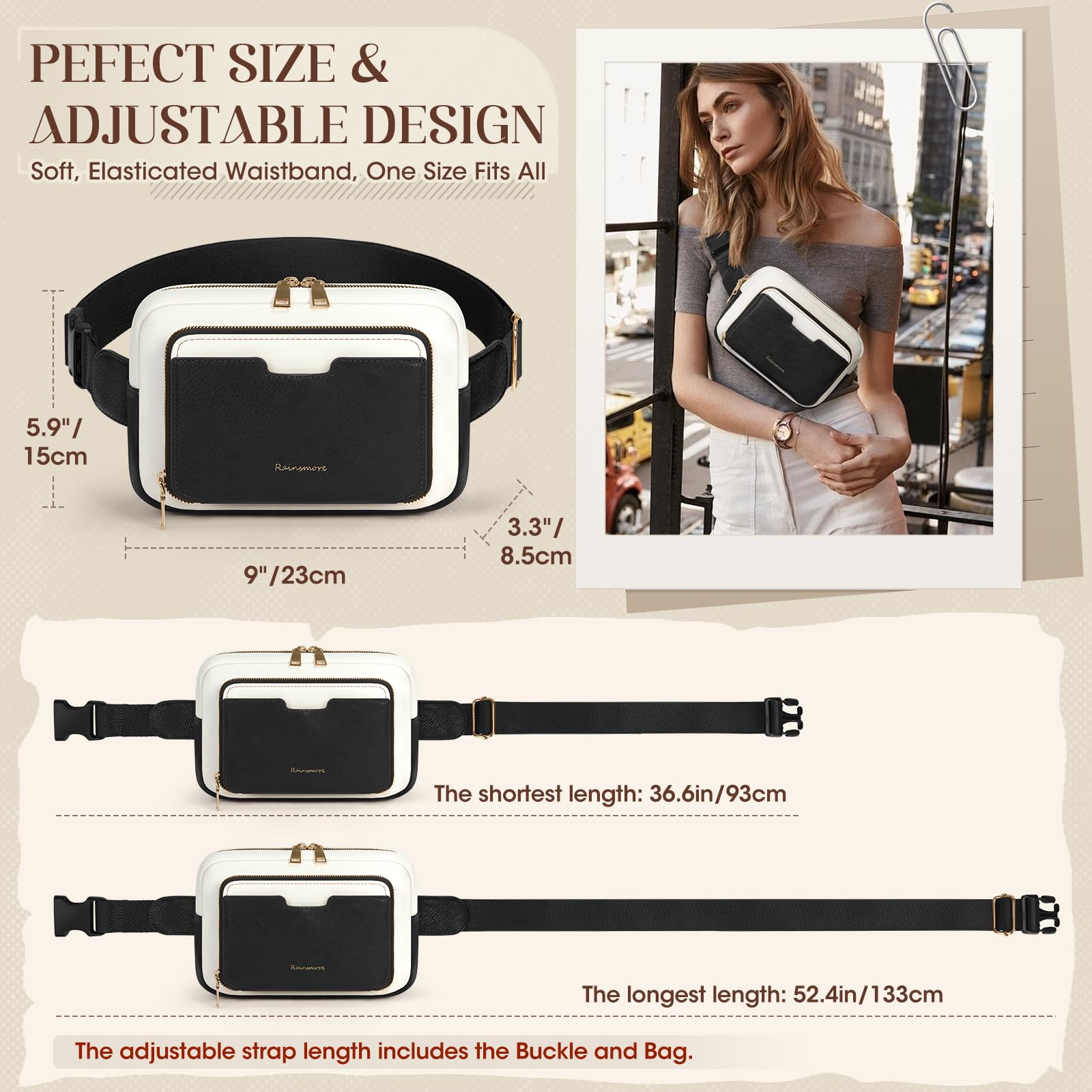 RAINSMORE Marsupio da donna, borsa da cintura vintage in pelle, Nero con bianco., Medium