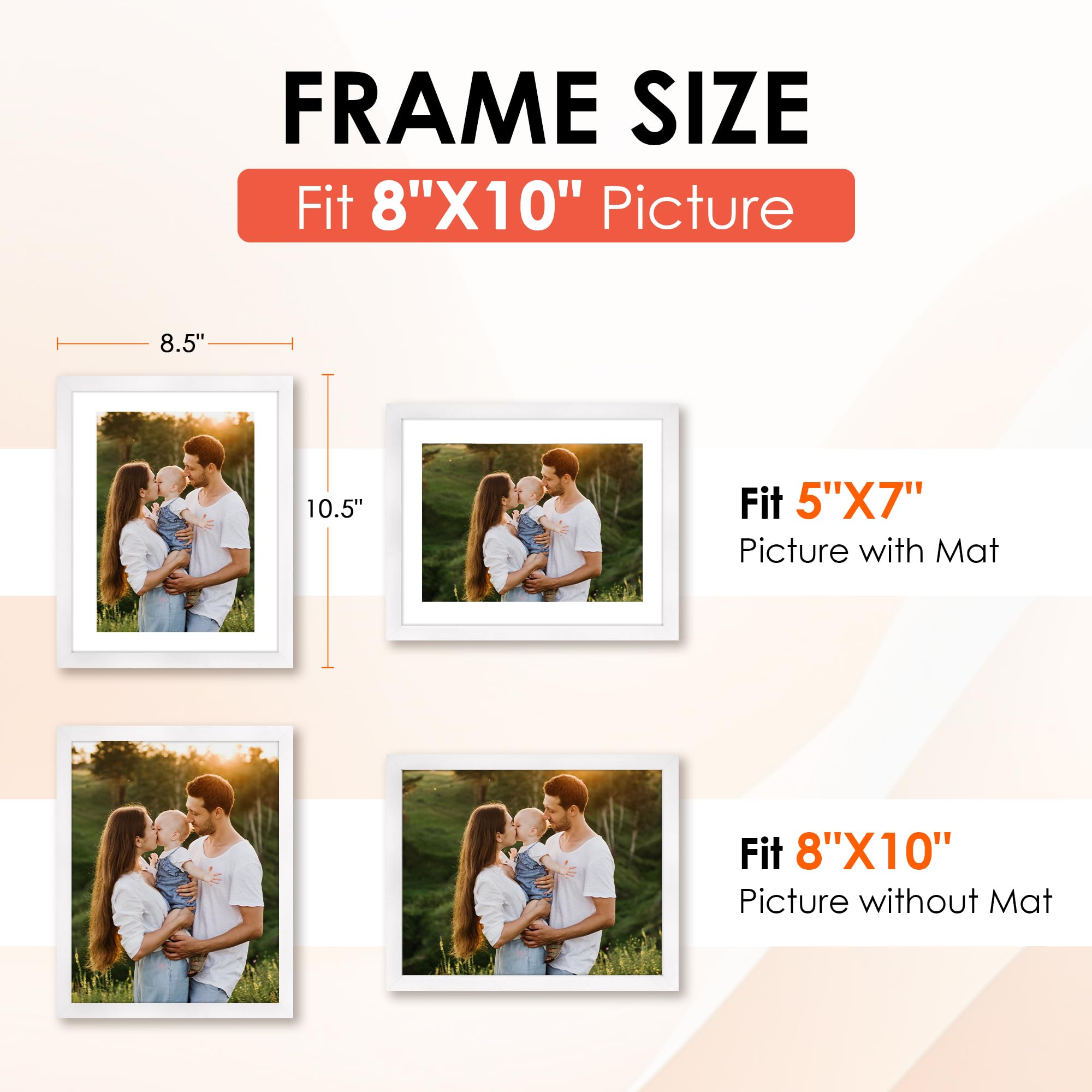 FIXSMITH 8x10 Picture Frame, White Photo Frame with HD Plexiglass, Display Pictures 5x7 with Mat or 8x10 Without Mat, Picture Frames Collage for Tabletop or Wall Display, 2 Pack