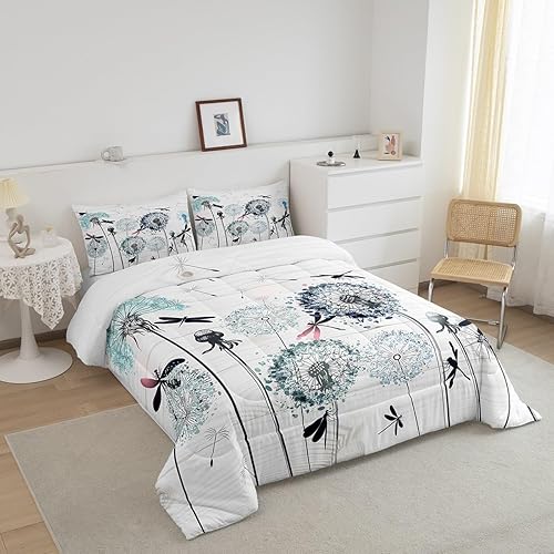 Miniatura 2 de Manfei Juego de edredón de diente de león, tamaño Queen, juego de ropa de cama bohemio de libélula de 3 piezas para niños y niñas, decoración de