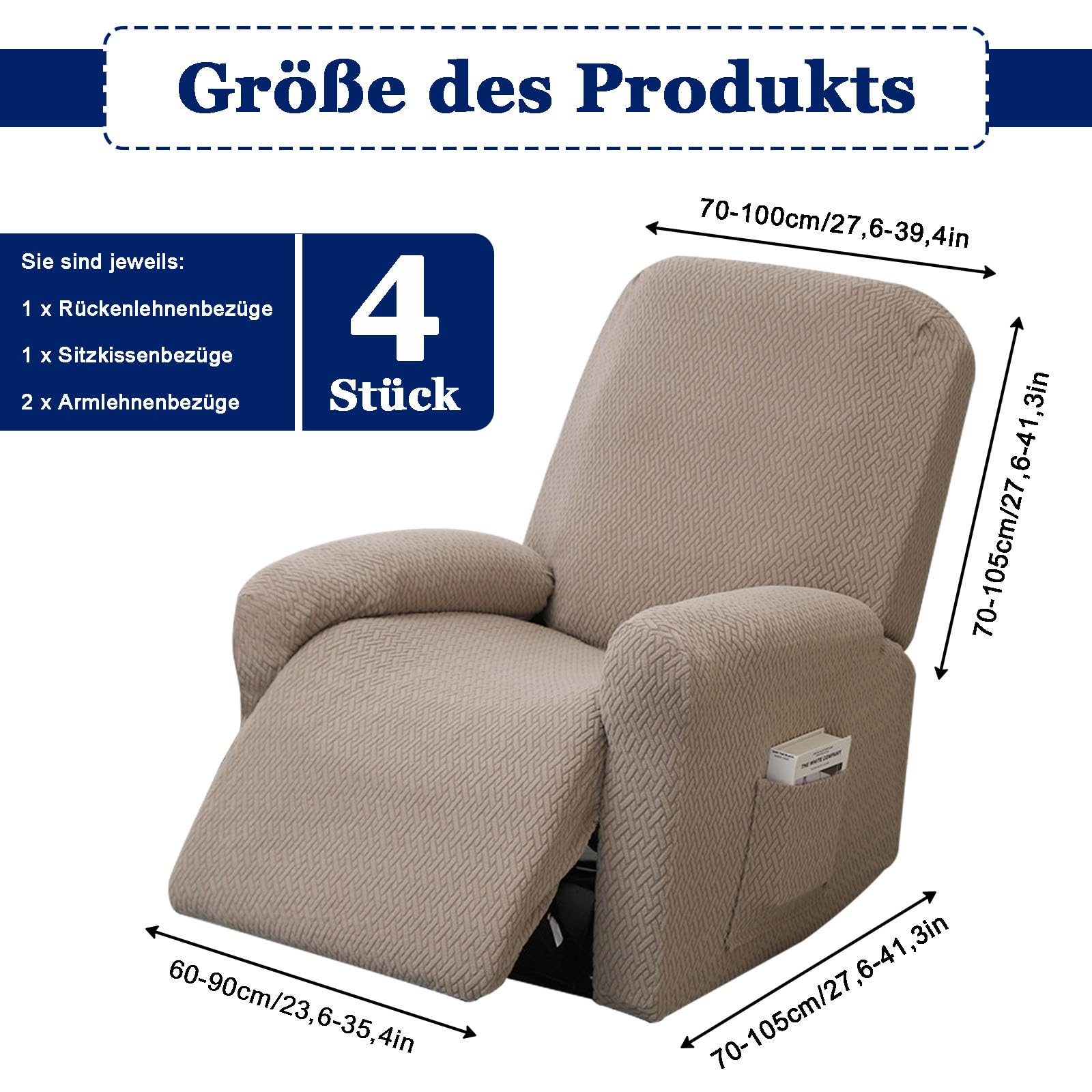 Fodera per Poltrona Relax, 4 pezzi Copridivano Elastico in Peluche con Tasche, Copridivano Elastico, Rivestimenti lavabili per poltrone da relax, per poltrona reclinabile (Grigio Marrone)
