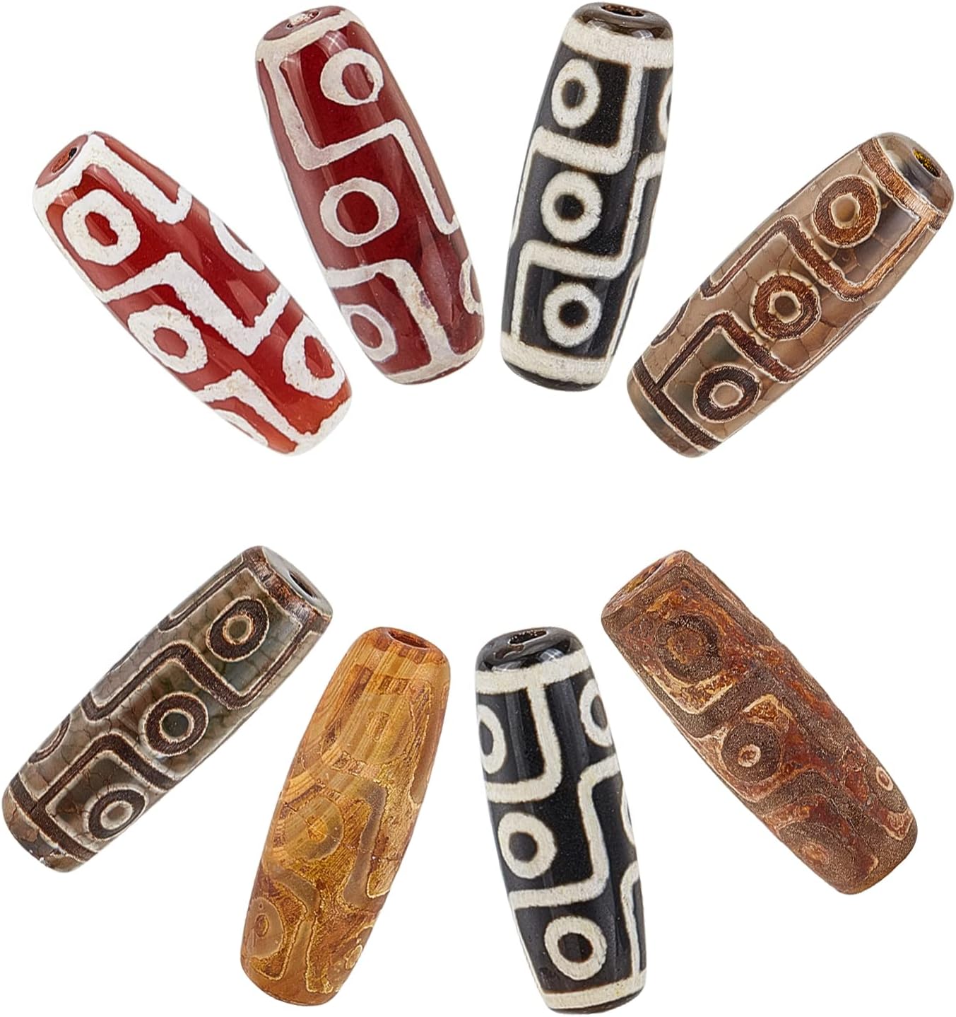 CHGCRAFT 8Pcs 4 Colors Tibetan Style dZi Beads - Natural Agate, Dyed and Heated Rice Beads for Buddhism Jewelry Making