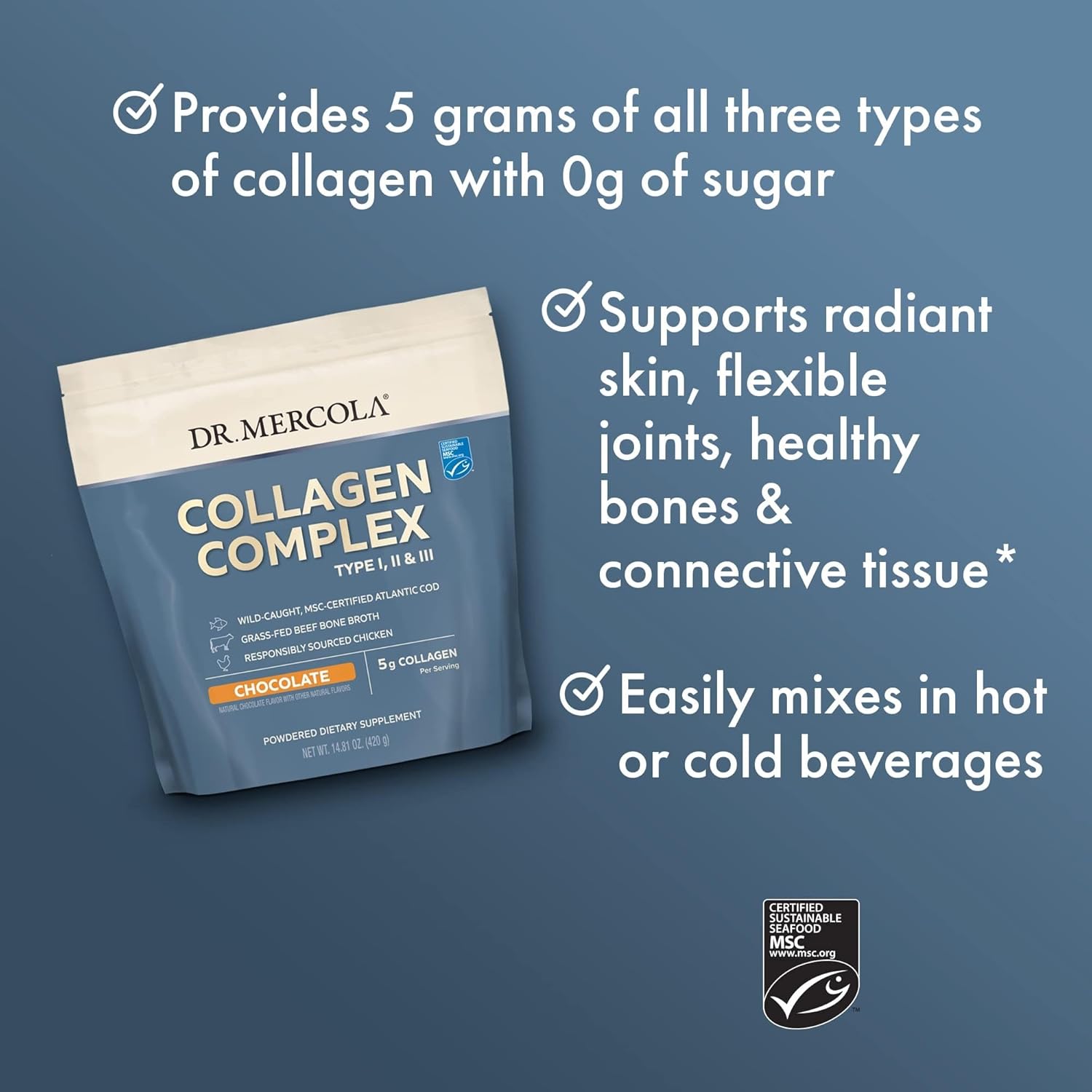 Dr. Mercola Collagen Complex Powder - Supports Skin Elasticity & Tissue Health - Multi-Source Collagen Types I, II & III - Non-GMO, Gluten-Free & Soy-Free- 10.89 oz (30 Servings) - Chocolate