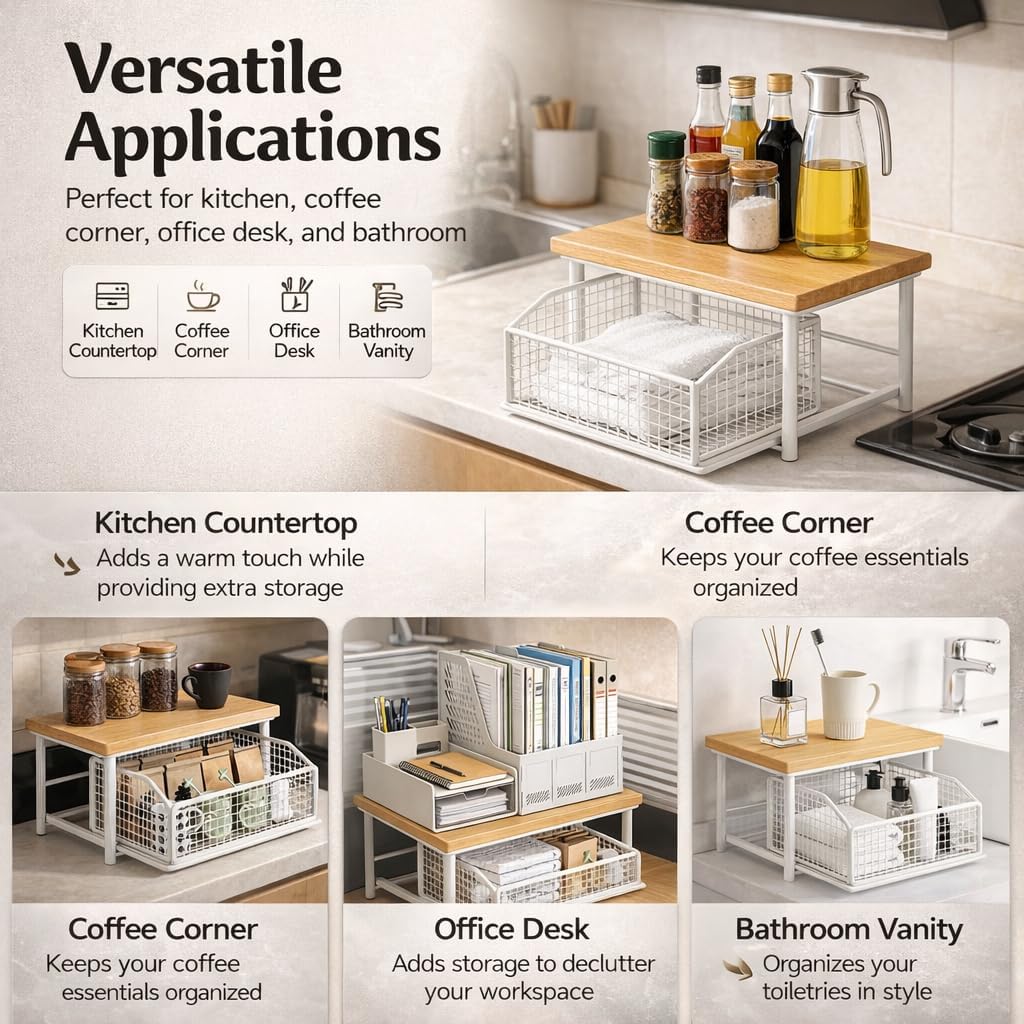 Kitchen Countertop Organizer with Drawer & Wire Basket, 2-Tier Hardwood Shelf for Coffee Maker, Toaster or Compact Microwave, Space-Saving Coffee Bar Storage Rack (Natural wood color + black)