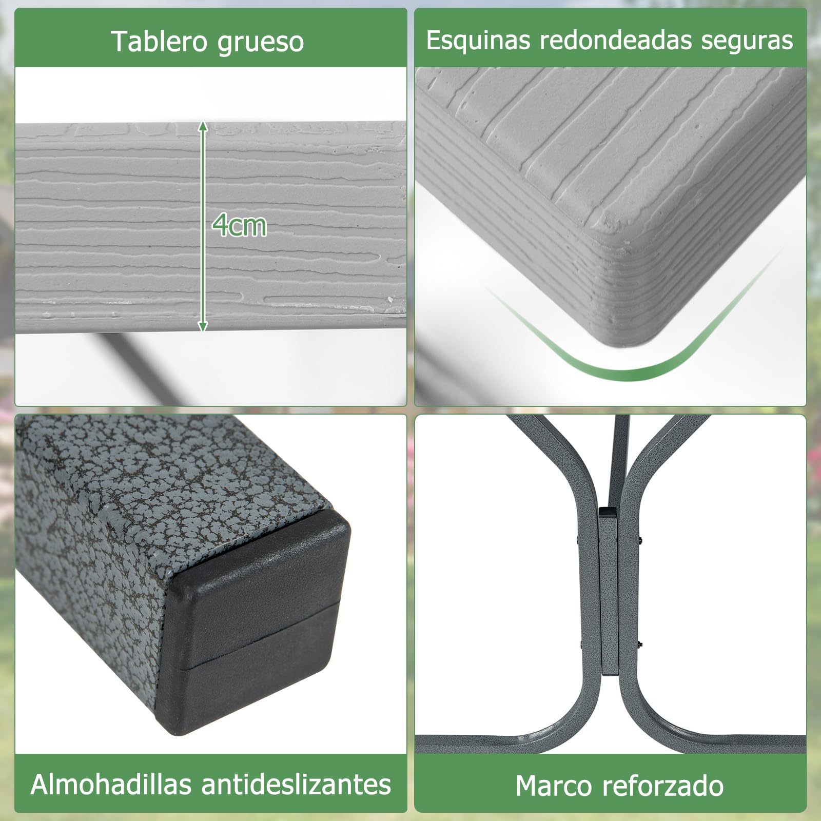 COSTWAY Conjunto Mesa y Banco de Picnic de 8 Personas, 2 Bancos con Marco de Metal y Mesa de HDPE, Mesa y Sillas Camping, Orificio para Sombrilla, 183 x 161 x 76 cm (Gris)