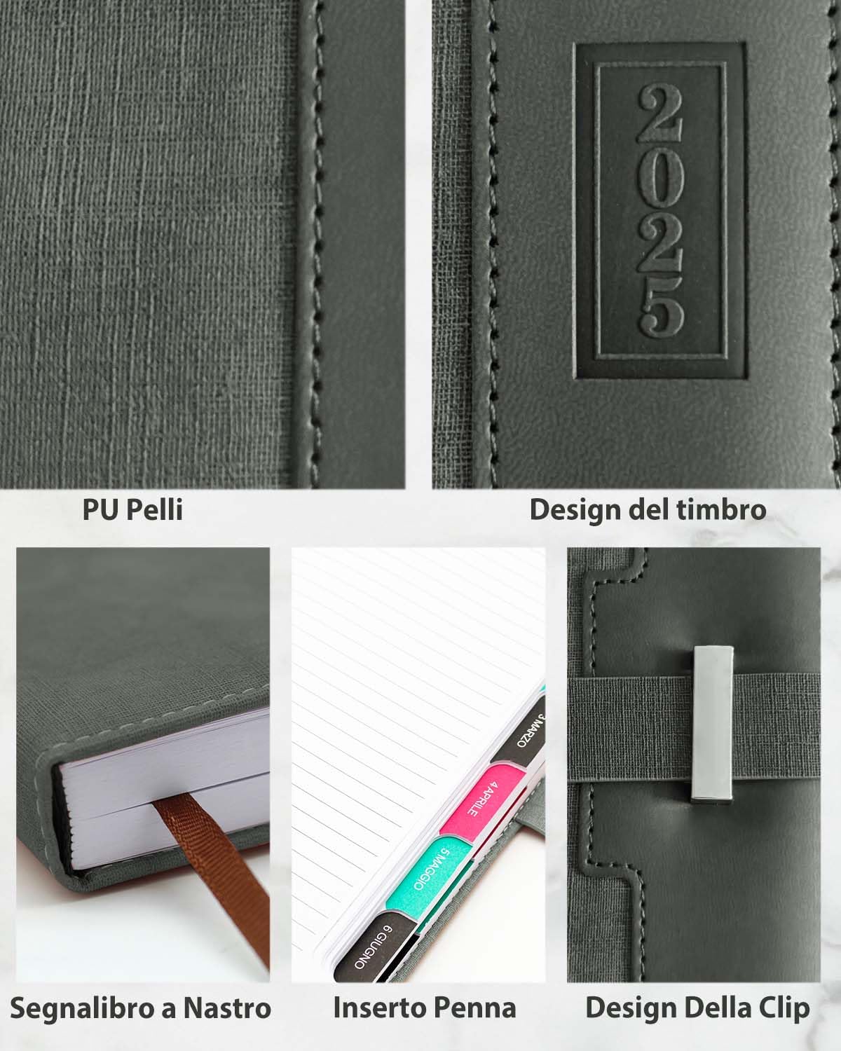 HW CASA Agenda Giornaliera 2025 Taccuino,Formato A5,200 Pagine,Copertura impiombata bicolore di alta qualità,Con inserto per penna e fibbia,Design a Pagina Singola ed Etichette Mensili Colorate,Grigio