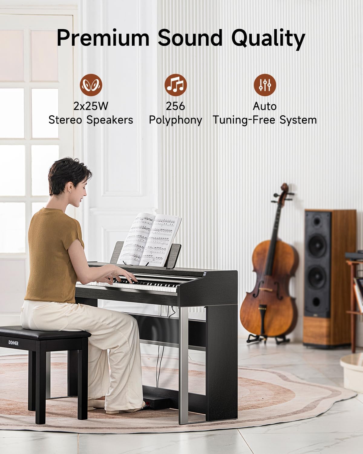 Сүрөт Donner DDP-200 Pro'нун жогорку сапаттагы үн сапаттарын, анын ичинде 2x25W стерео динамиктерди жана 256 полифонияны чагылдырат.