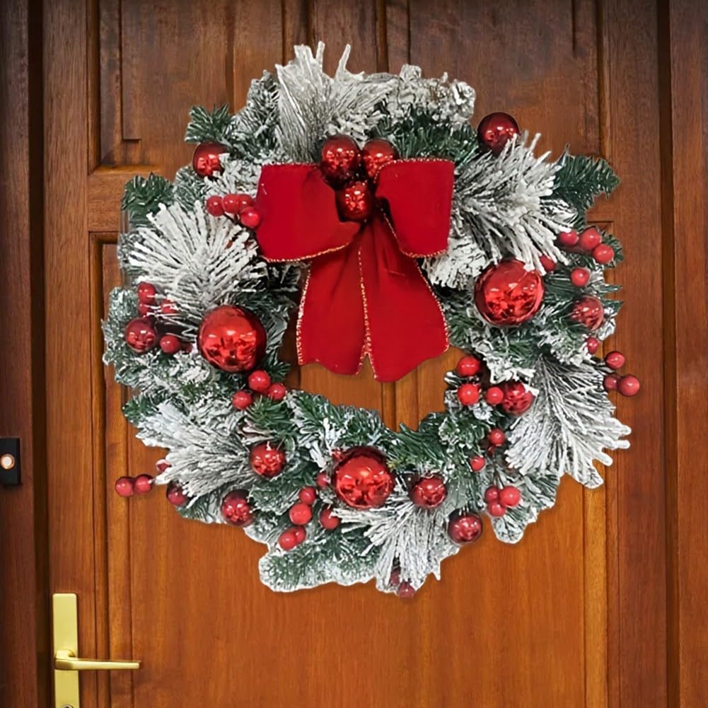 Corona de Navidad artificial de 16 pulgadas, guirnalda colgante resistente al fuego con 20 luces LED alimentadas por batería para decoración de puerta y pared (rojo blanco)