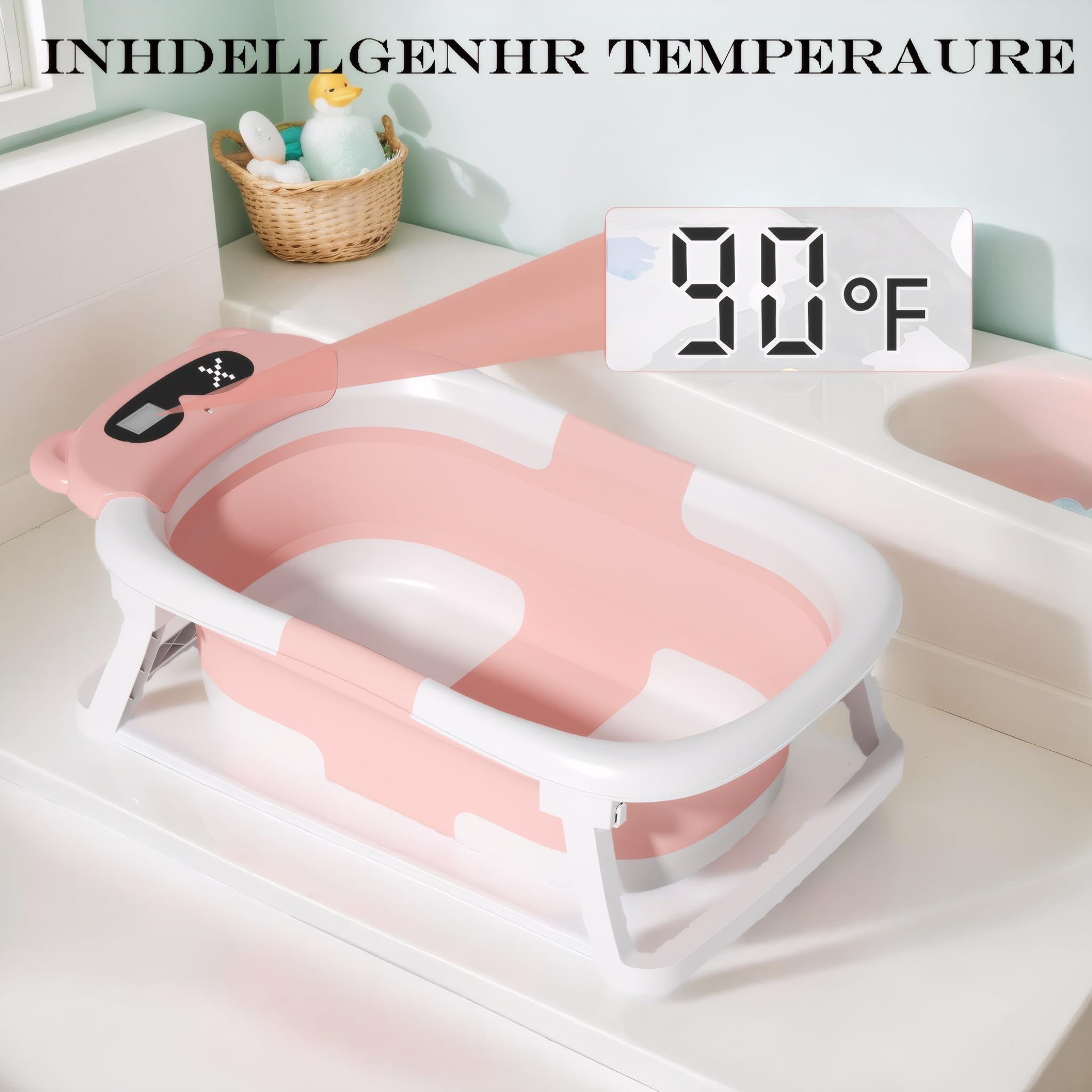 Vaschetta Bagnetto Pieghevole per Neonati e Bambini con Monitoraggio della Temperatura in Tempo Reale, Cuscino Morbido e Design Salvaspazio, Vasca da Bagno Portatile per Bambini da 0 a 36 Mesi
