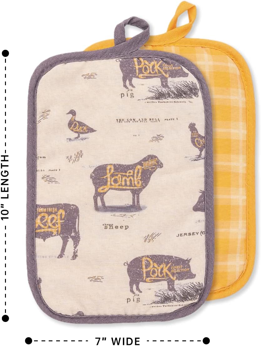 Rectangular Pot Holders 4-Pack (Mixed) of Quilted Lining - Premium Heat Resistant Hot Pads with Cotton Wadding - Non-Slip Food Grade Potholders for Cooking, Baking, BBQ (FF & YP)