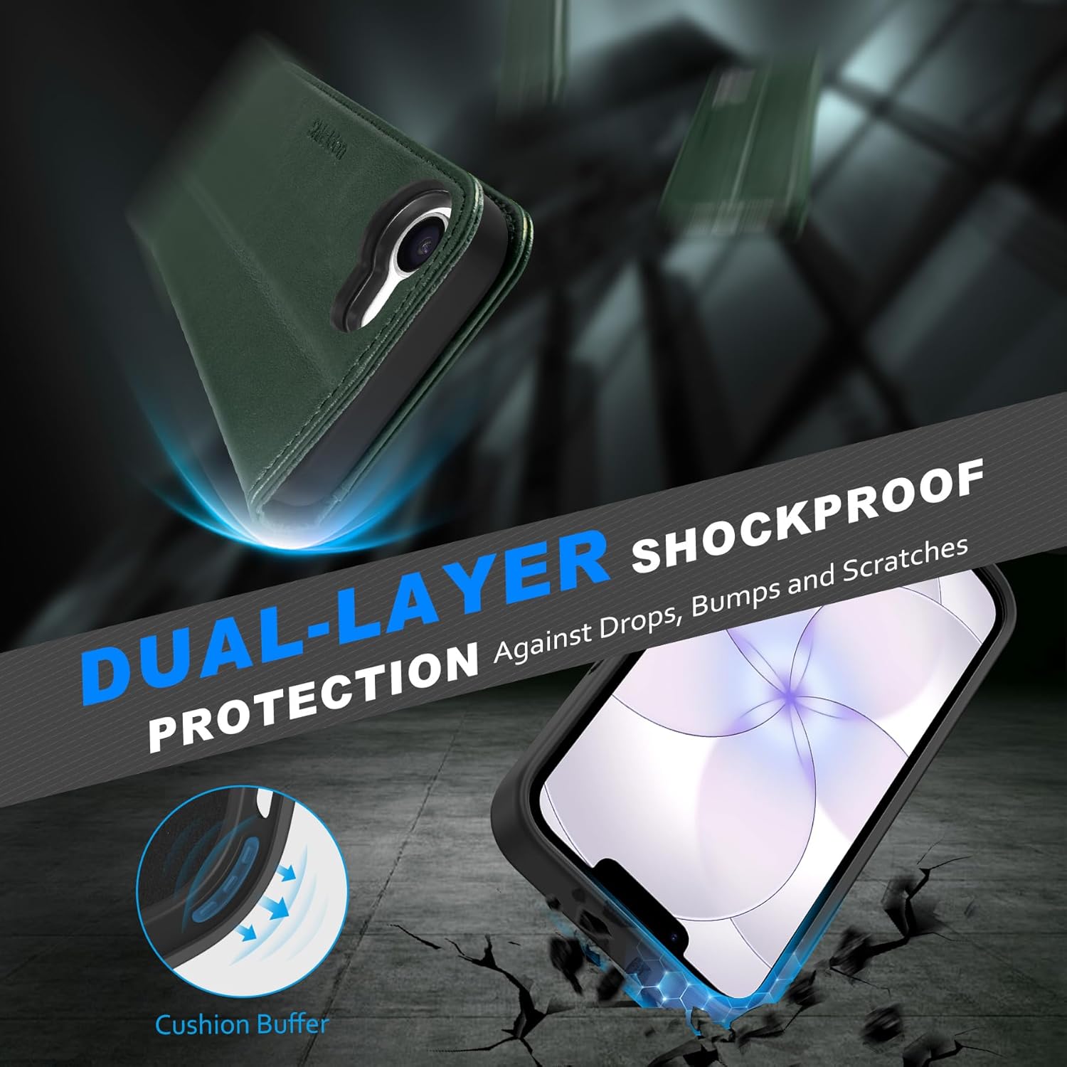 SHIELDON 2-in-1 Case Wallet for iPhone 17e 5G 6.1" 2026 | Genuine Leather, Detachable, Flip Magnetic Closure, Wireless Charging, RFID Blocking Card Slot, Kickstand, Shock Absorbing Cover - Evergreen