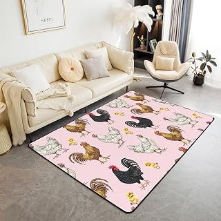 Erosebridal Rustic Rooster Area Rug 6'6" x 4'11" for Bedroom Living Room Playroom,Brown Black White Chicken Carpet,Rustic Countryside Decorative Rug Non Shedding,Farmhouse Animal Indoor Floor Mat