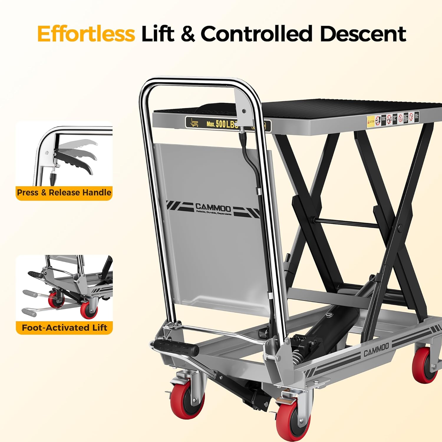 Hydraulic Lift Table Cart, 500lbs Capacity, 28.5" Lifting Height, Single Scissor Lift with Non-Slip Pad & Safety Guard Foldable Handle for Material Handling and Transportation, Gray
