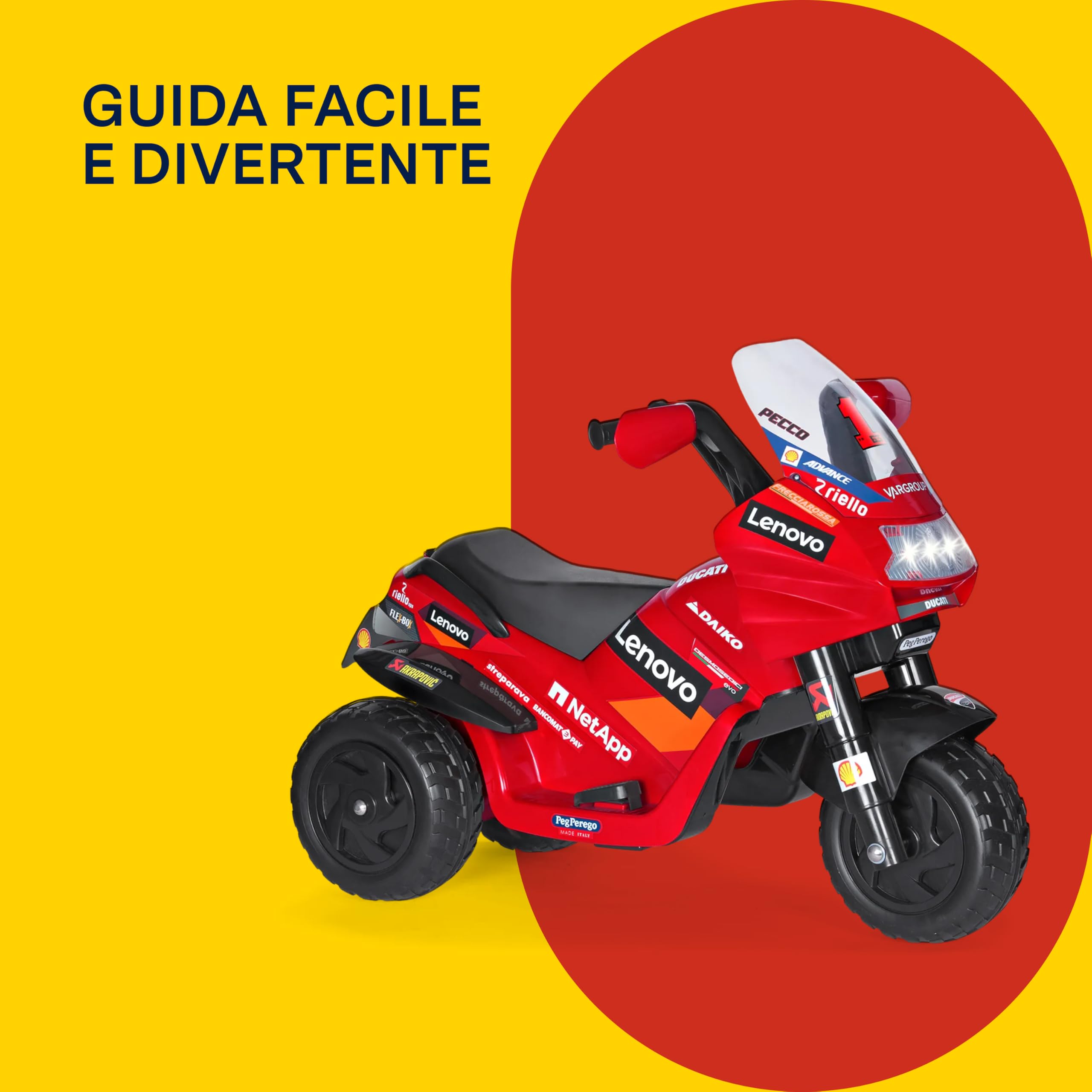 PEG Ducati Desmosedici EVO Moto Elettrica per Bambini 2+, con Luci, Suoni e Clacson, Acceleratore a Pedale, Batteria Ricaricabile 6V