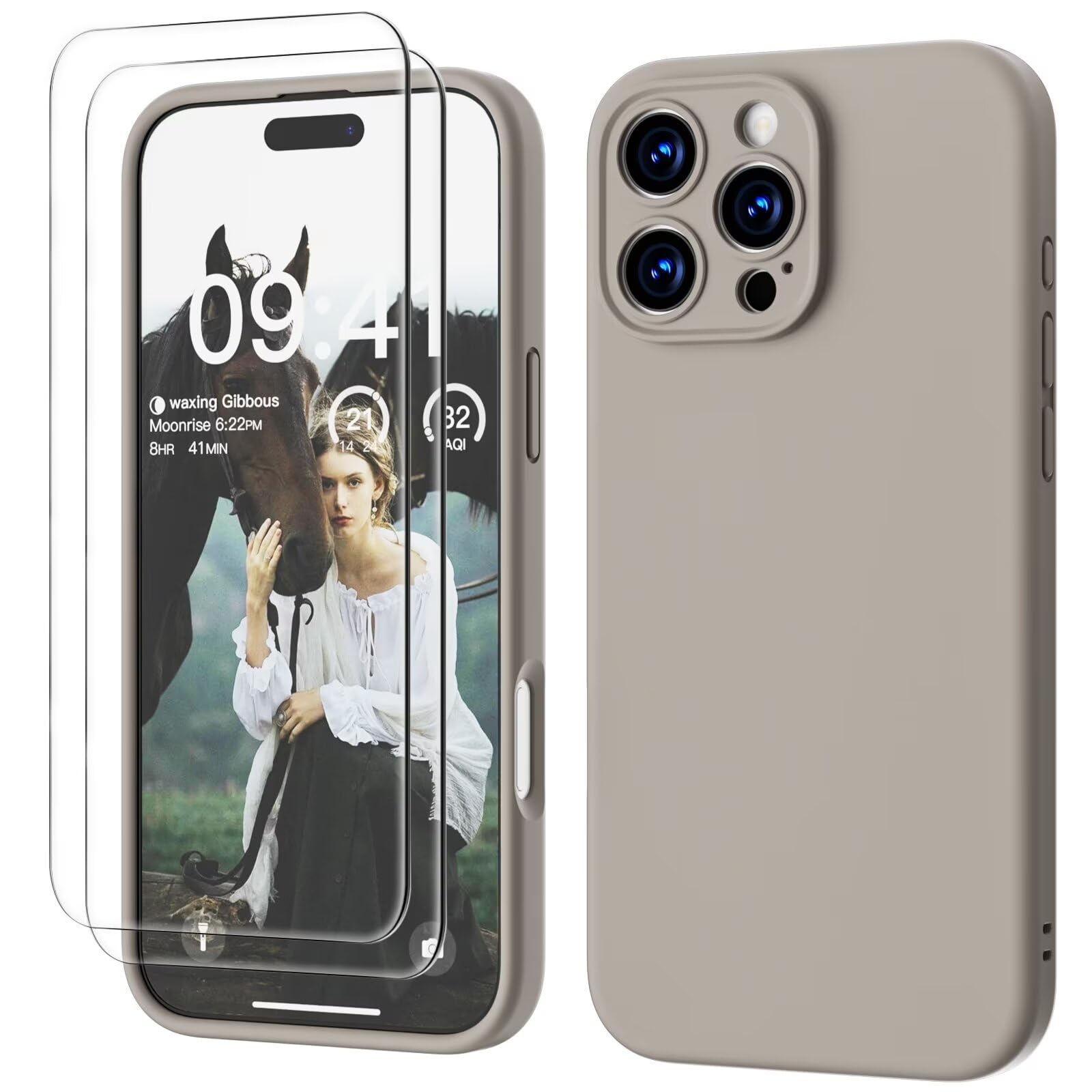 GOODVISH 3 in 1 Silicone Cover per iPhone 16 Pro Max 6.9", Custodia con 2 Pellicola Vetro Temperato [Protezione Fotocamera] 360° Protezione Anticaduta Case per Cellulare Antiurto Resistente, Grigio