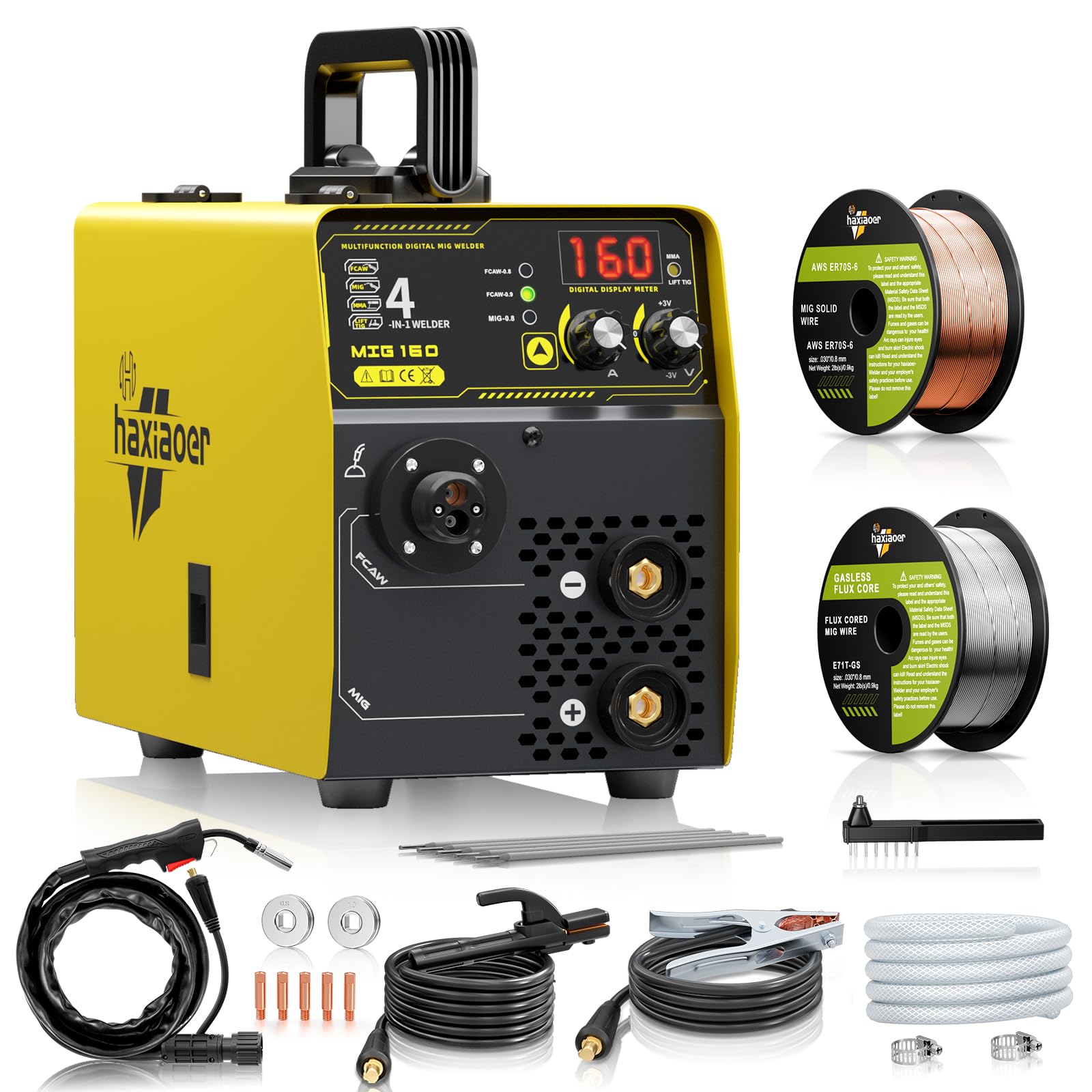 haxiaoer 160A MIG Welder, 110V Gas MIG Welder Machine, 4-in-1 Gasless Flux Core/Gas MIG/Lift TIG/Stick Welder with Synergic Control, IGBT, Multi Process Flux Core Welder for Home DIY Professional Use