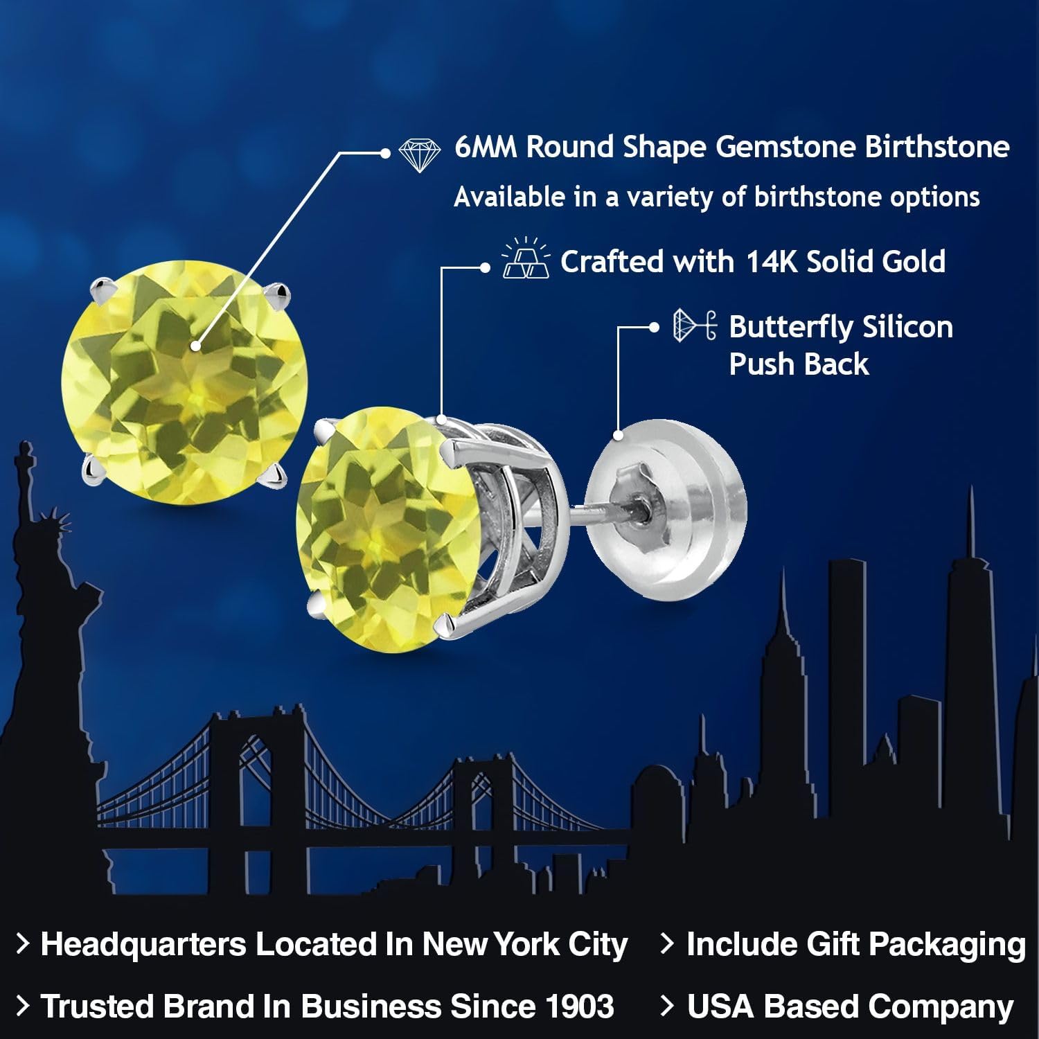 Gem Stone King 2.00 Ct Round 6mm Canary Mystic Topaz 14K White Gold Stud Earrings For Women Men - Image 2