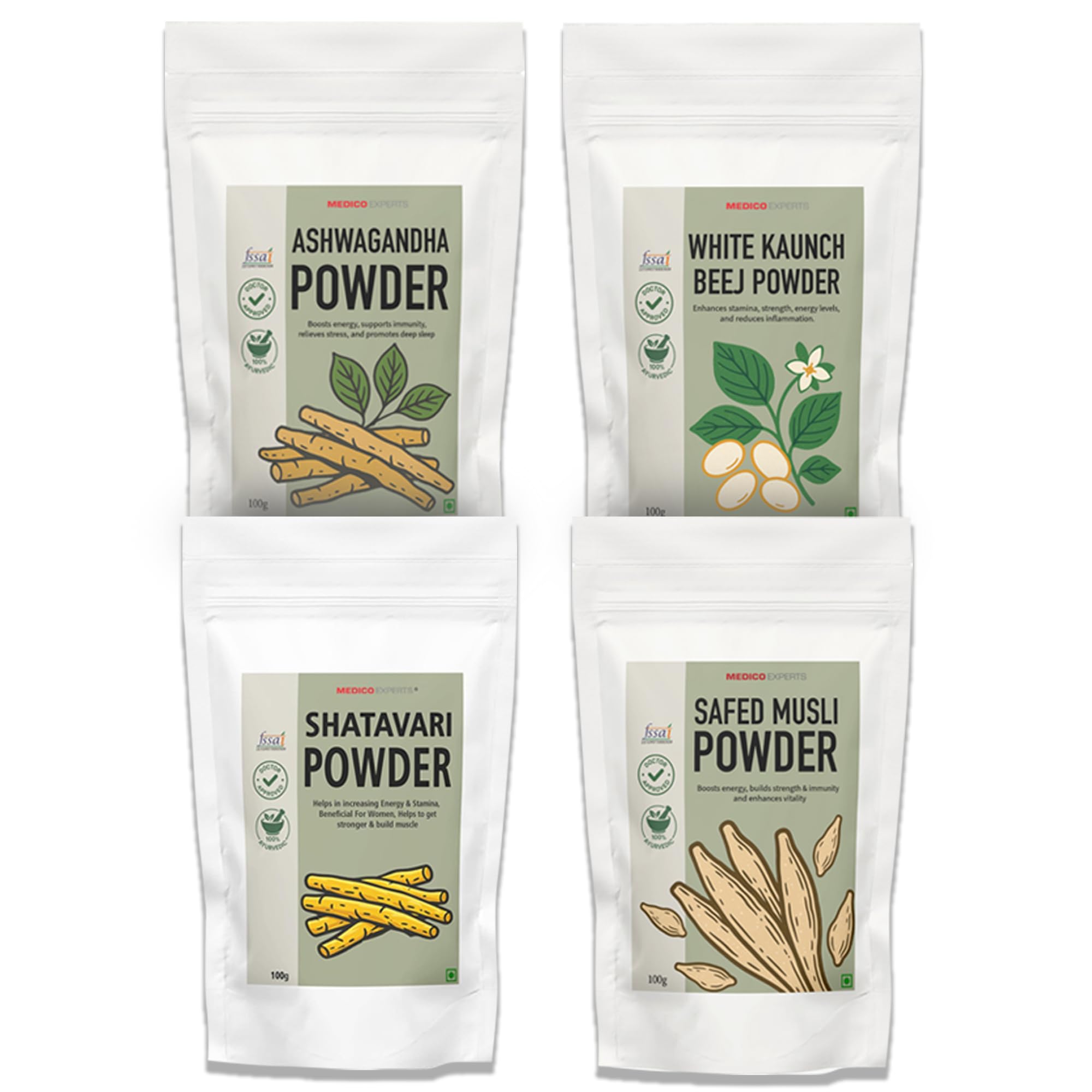 MedicoExperts Ashwagandha Powder, Safed Musli Powder, White Kaunch Beej, Shatavari Combo pack | Pure & Natural | For Energy & Natural Immunity | 100gm x4 (100gm each)