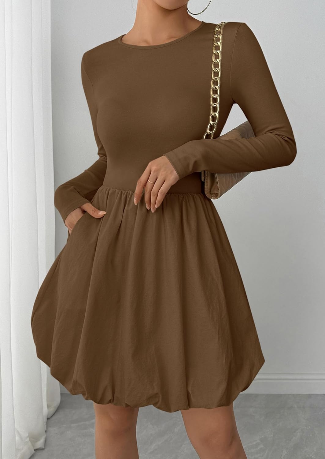 PRETTYGARDEN Fall Dresses for Women 2026 Casual Long Sleeve Bubble Cute Crew Neck A Line Mini Short Dress with Pockets - Image 2