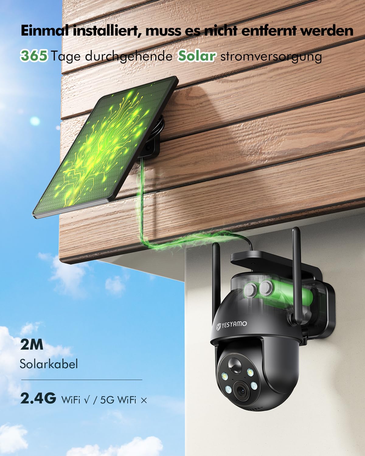 YESYAMO 2K Überwachungskamera Aussen Akku, 355°/90° Pan Tilt WLAN Kamera mit Farbnachtsicht, solar Kamera Überwachung außen, PIR Bewegungsmelder, IP66, Cloud/SD Storage, 2-Wege-Audio, 2,4 GHz WLAN