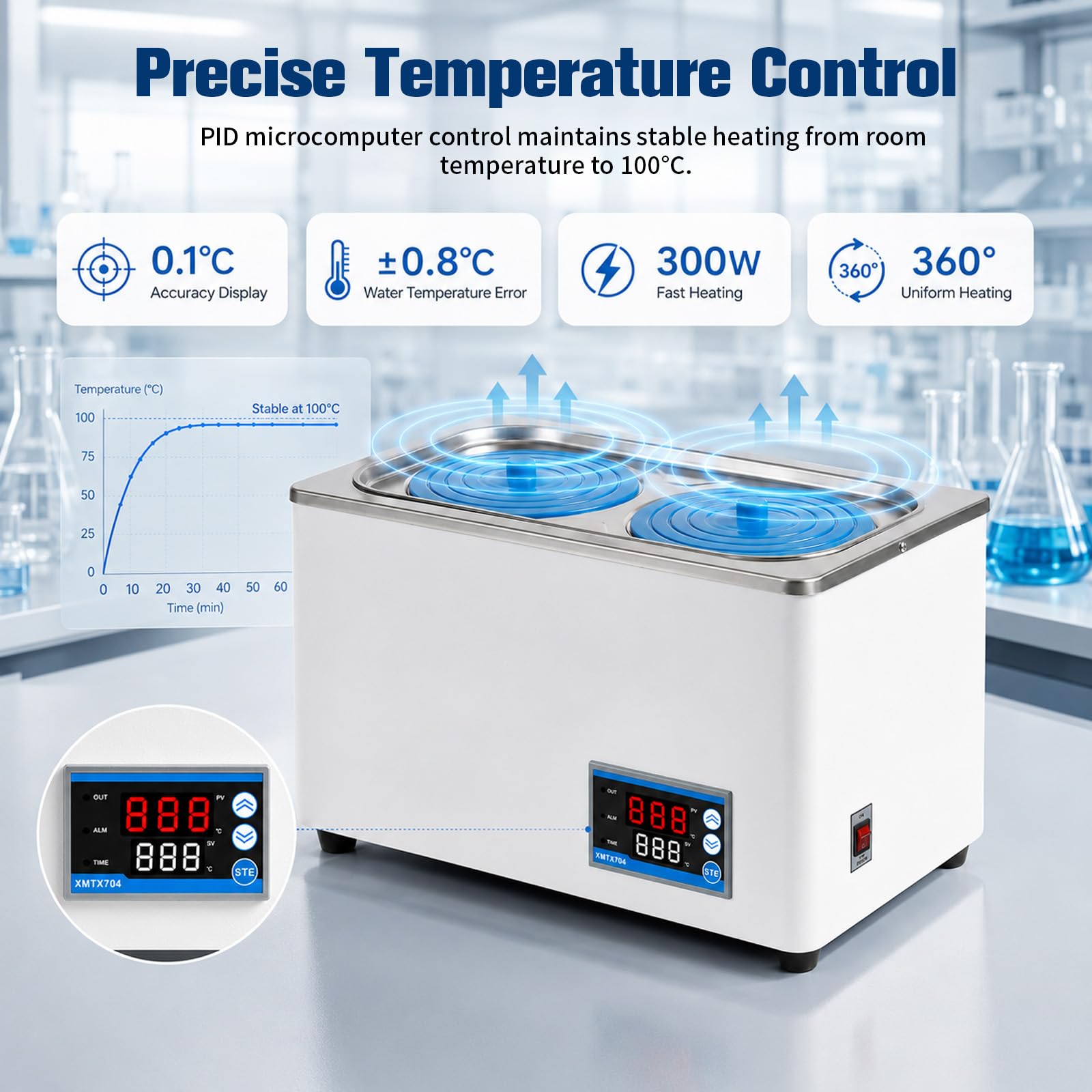 Baño maría digital 6L 600W - Baño maría de laboratorio con tanque interior de acero inoxidable y calefacción integral, olla baño maría con función temporizador y control de temperatura (±