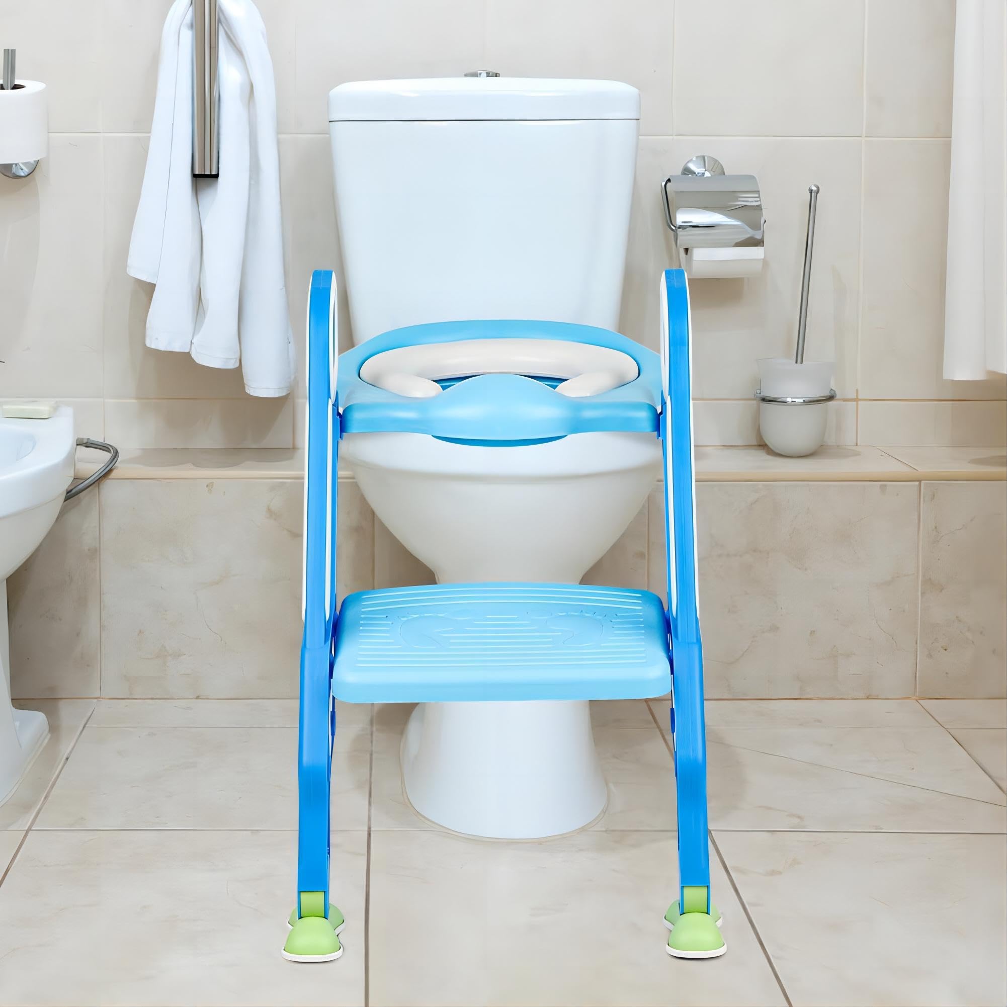 Riduttore WC 2-7 anni Bambino Riduttore WC Rialzo WC Bambino Sedile WC con Cuscino e Maniglia (Blu)