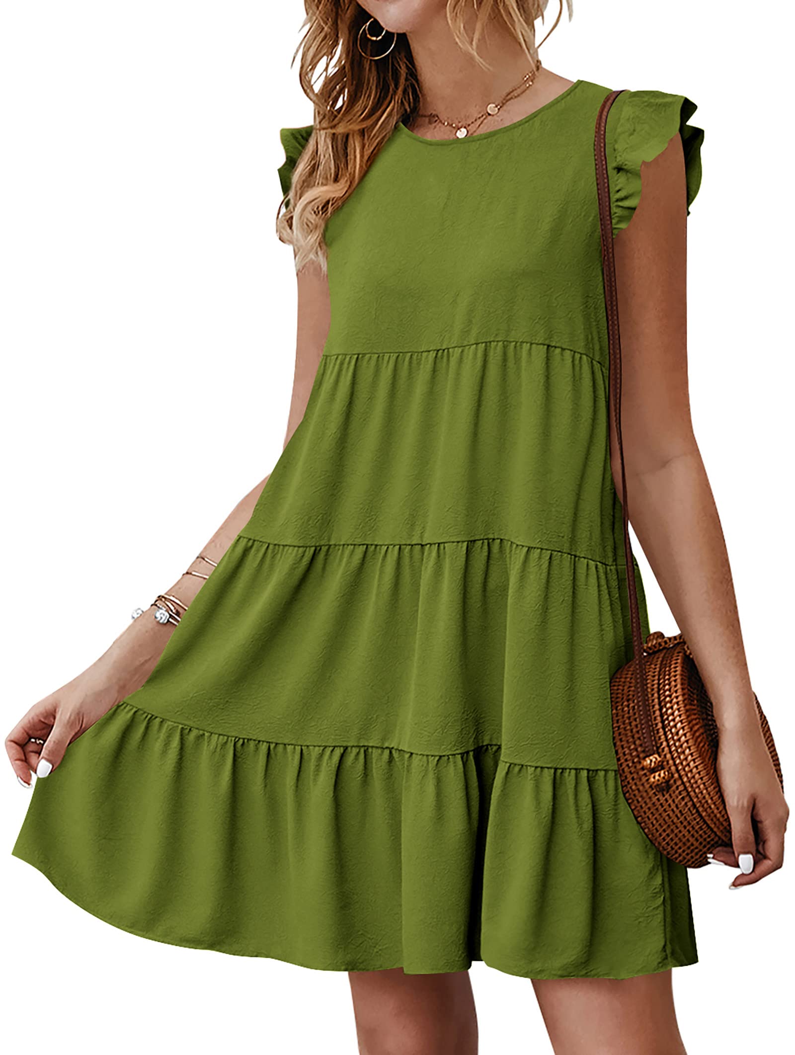 KIRUNDO Womens Summer Dresses Sleeveless Ruffle Sleeve Round Neck Solid Loose Short Flowy Pleated Mini Babydoll Dress (Army Green, Small)