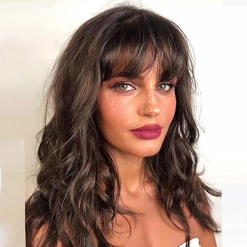 HAIRCUBE Short Brown Wavy Bob Wig With Bangs,Shoulder Length Wigs