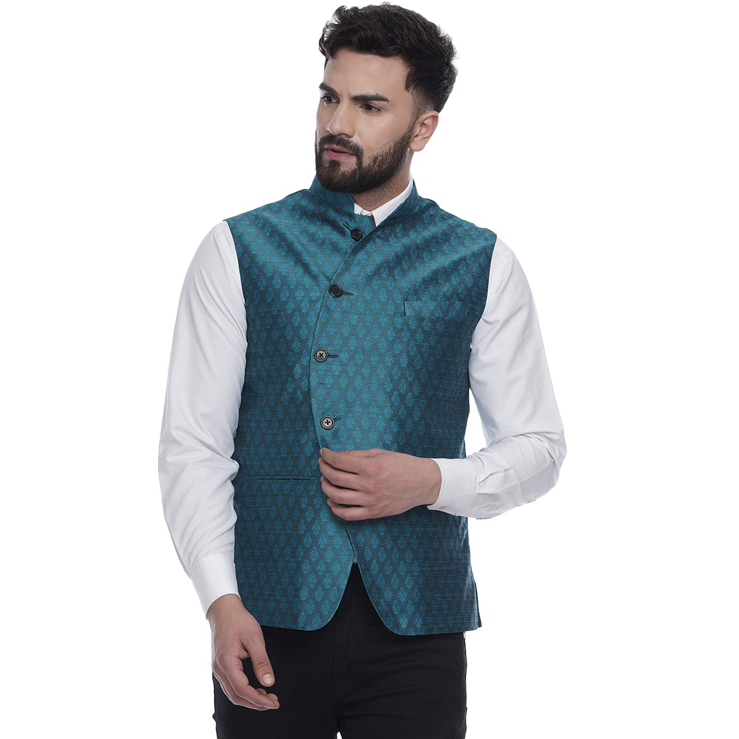 Turquoise Jacquard Printed Silk Nehru Jacket (turquoise)-image-19