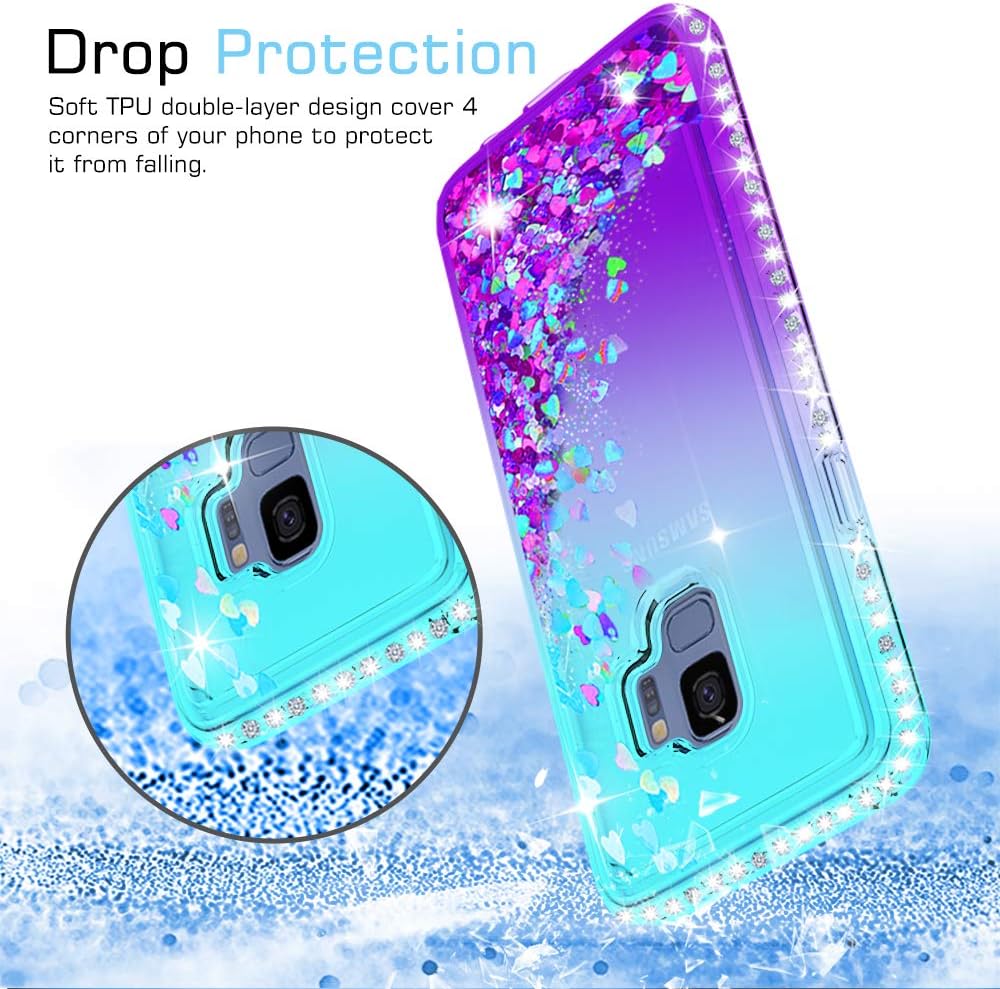LeYi Compatible with Galaxy S9 case with 3D PET Screen Protector[2 Pack] for Girls Women, Cute Glitter Shiny Quicksand Clear Phone Case for Samsung S9, Teal/Purple