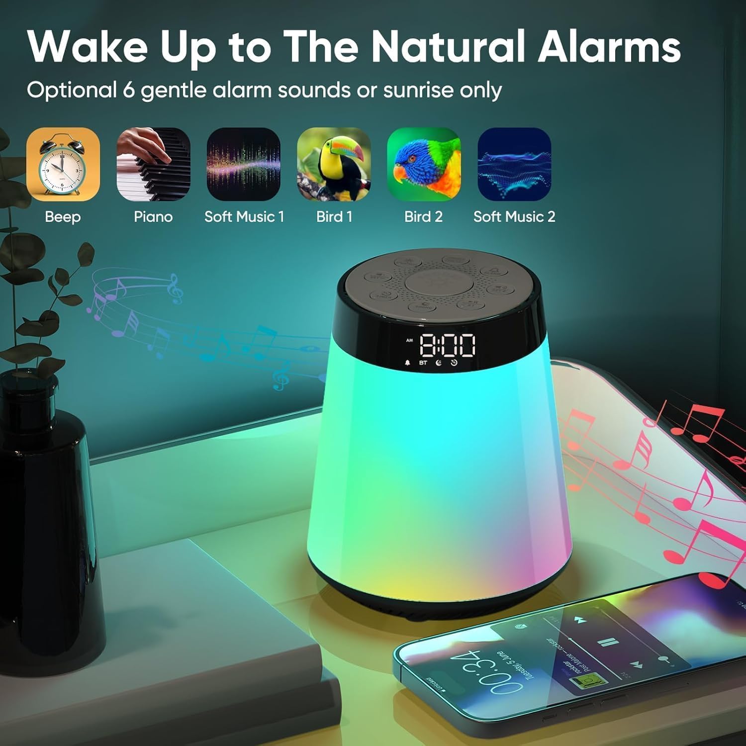Réveil Lumière Bluetooth, Reveil Simulateur d'aube, Eveil Matin Lumineux Lampe de Chevet Multicolore, Snooze, 30 Sons pour l'Aide au Sommeil Machine Sonore avec Veilleuse, Cadeaux Pour Garçon Fille