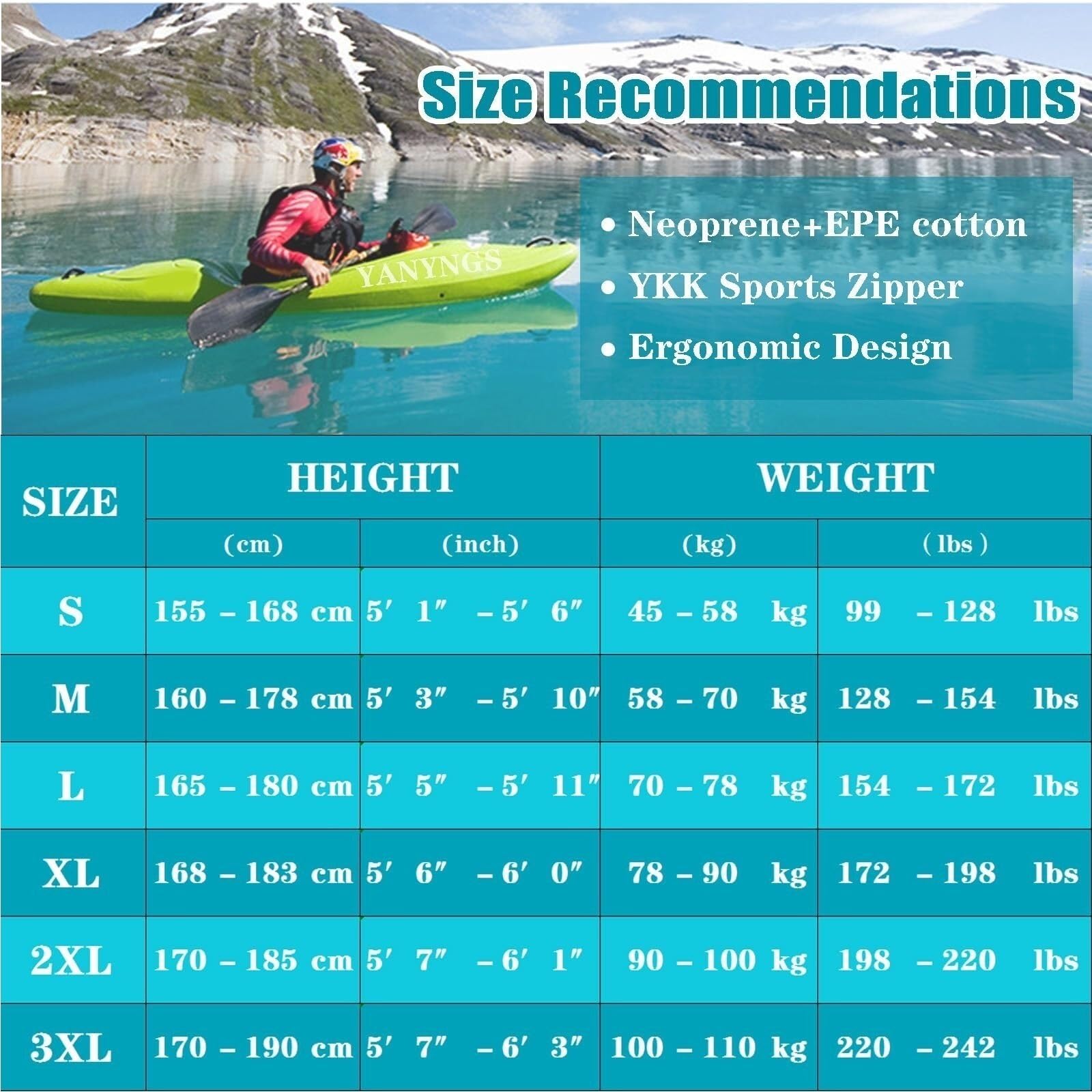 Neopren Surfjacke mit Reißverschluss zum Schwimmen, Kajak fahren, Bootfahren