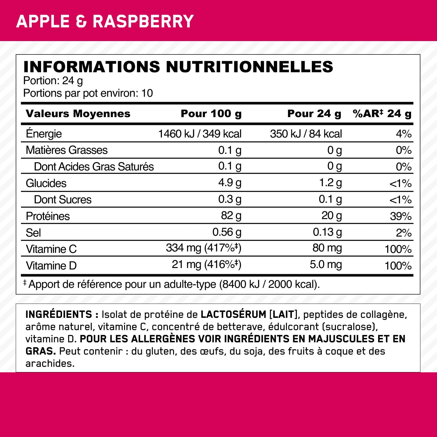 Optimum Nutrition Clear Whey + Collagène, Pomme & Framboise, 10 g Whey Isolate et 10 g Peptides de Collagène par Portion, Boisson Protéinée Claire pour les Articulations, 240 g, 10 Portions*