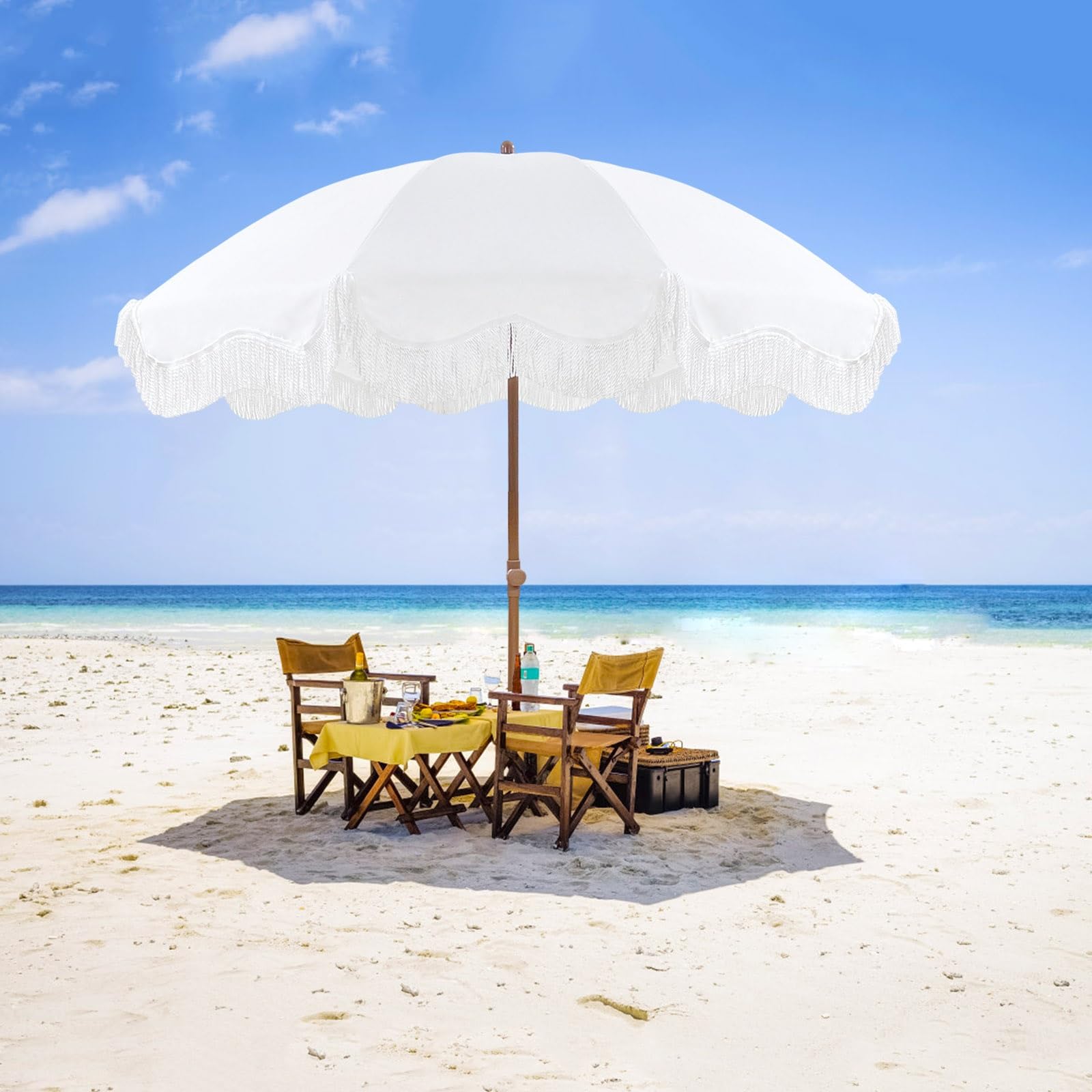 Blanco Sombrilla Playa 200 Cm Parasol Jardín Exterior Grande con Flecos Sombrillas Terraza Protección UV50+ Sombrilla Jardín Inclinable Portátil Boho Beach Umbrella For Sand Impermeable