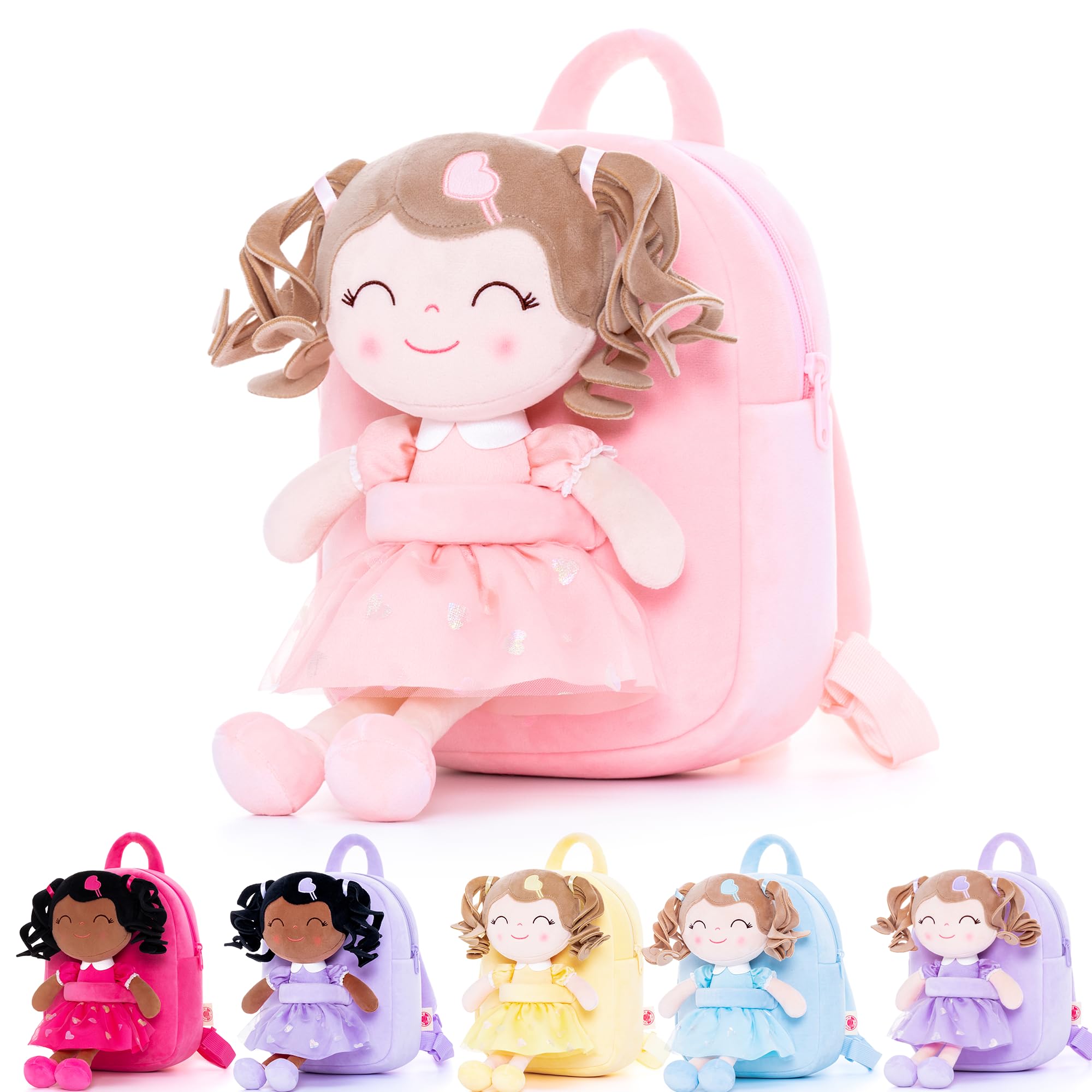 Gloveleya Toddler Backpack Baby Girl Gifts Plush Bag Diaper Bag with Spring Girls Doll Curly Hair Girl Toys with Love Pink 9 Inches