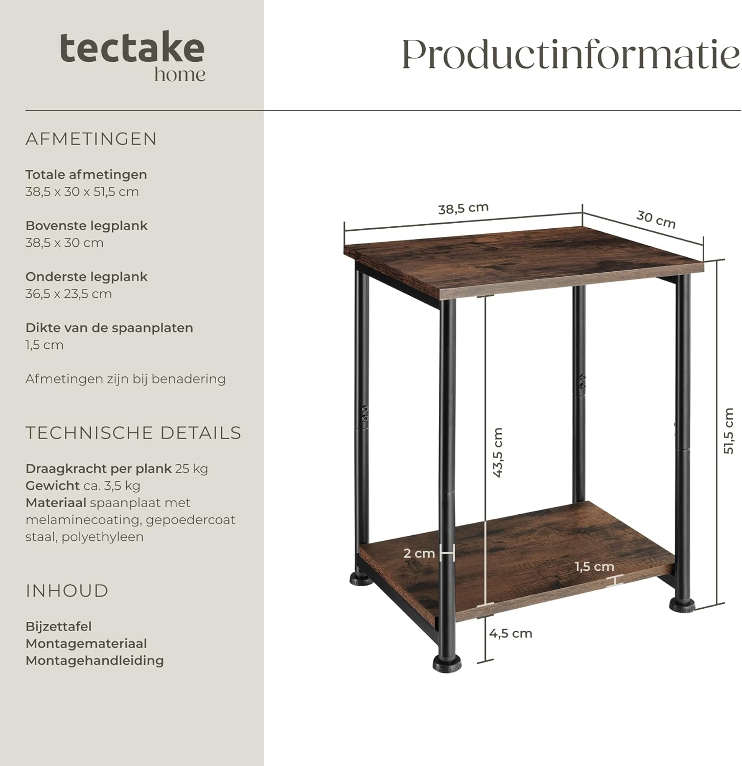 Dimensions diagram of the tectake Yonkers side table