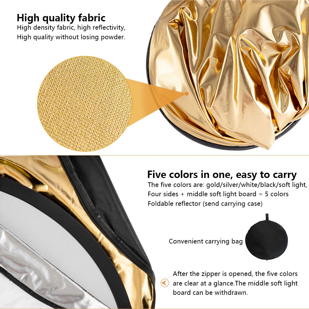 5 en 1 Reflector de Luz Redondo Plegable Portátil con Asa Iluminación Estudio Fotográfico Fotografía Al Aire Libre, Color Negro, Blanco, Oro, Plata, Translúcido