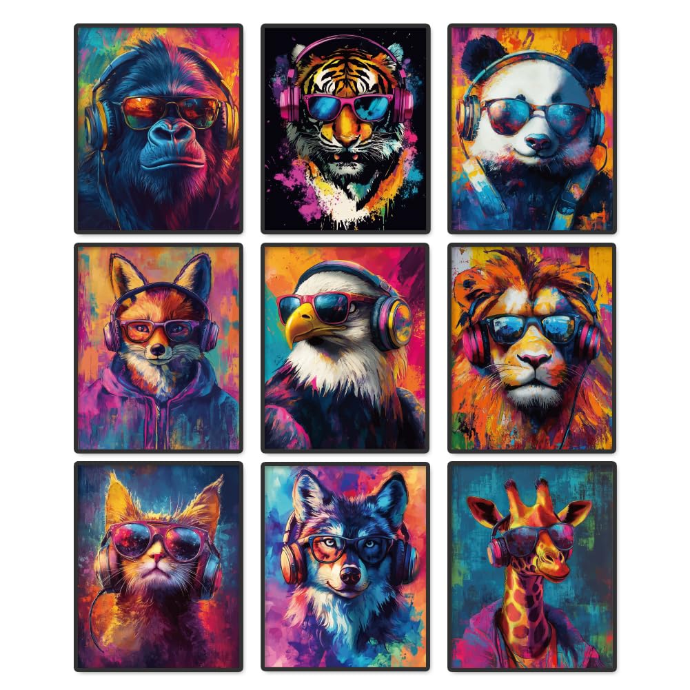DOODLREAM 9 Pack Unframed Waterproof Colorful Graffiti Animals Canvas Wall Art Decor, 8 x 10 Inch Gamer Earphone Animal Canvas Wall Poster, Lion Tiger Panda Dog Poster for Home Game Room Decor — image 1